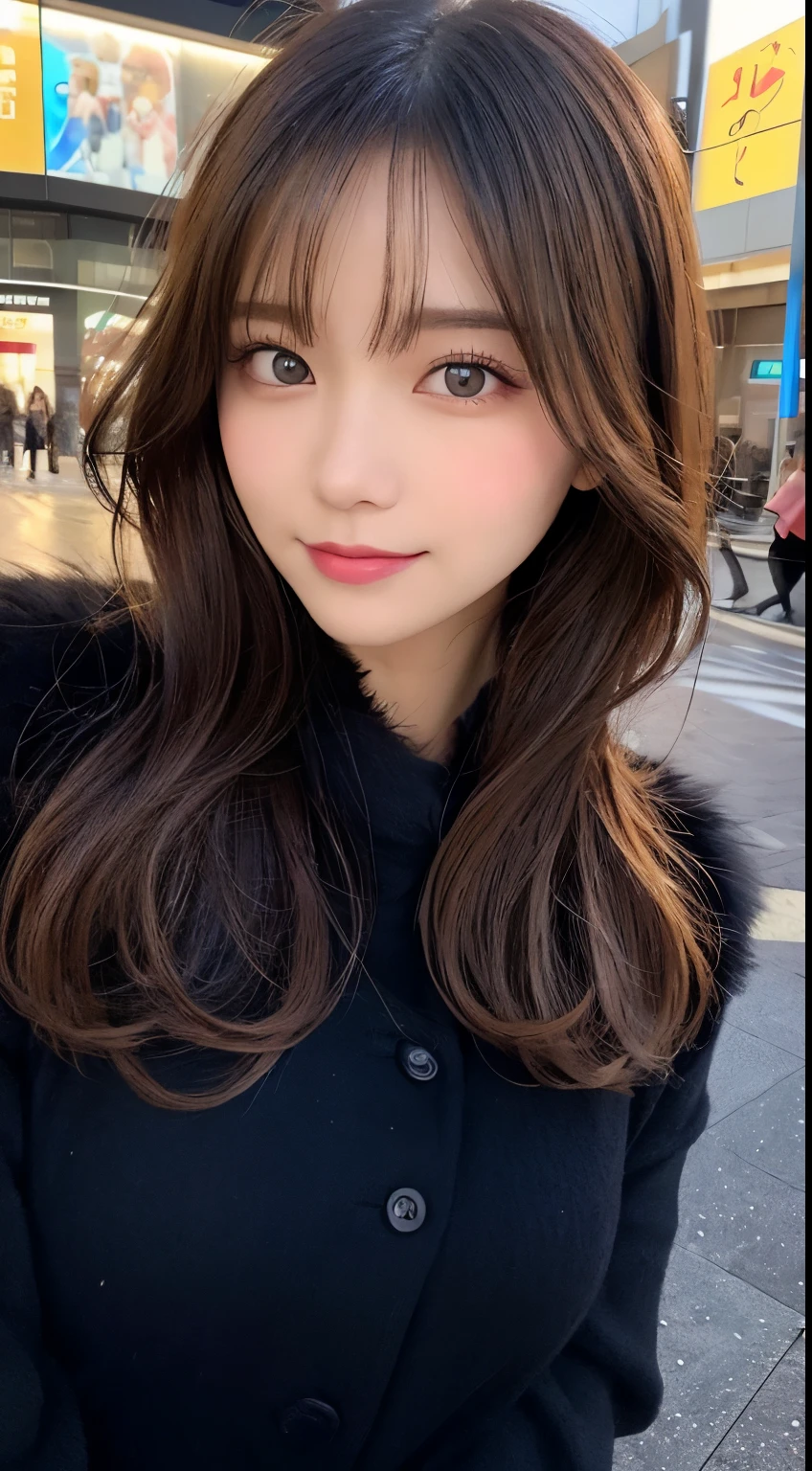 masutepiece, Best Quality, Illustration, Ultra-detailed, finely detail, hight resolution, 8K Wallpaper, Perfect dynamic composition, Beautiful detailed eyes, Gorgeous black fluffy Tokyo winter clothes,random cute hair,small tits,Natural Color Lip, Bold sexy poses,Smile、20 years girl、Cute、Sexy shot looking at camera,Always blur the background,Perfect and beautiful face,Take only the face,beautiful and detailed face、slim face and style,Big eyes、Do gal makeup