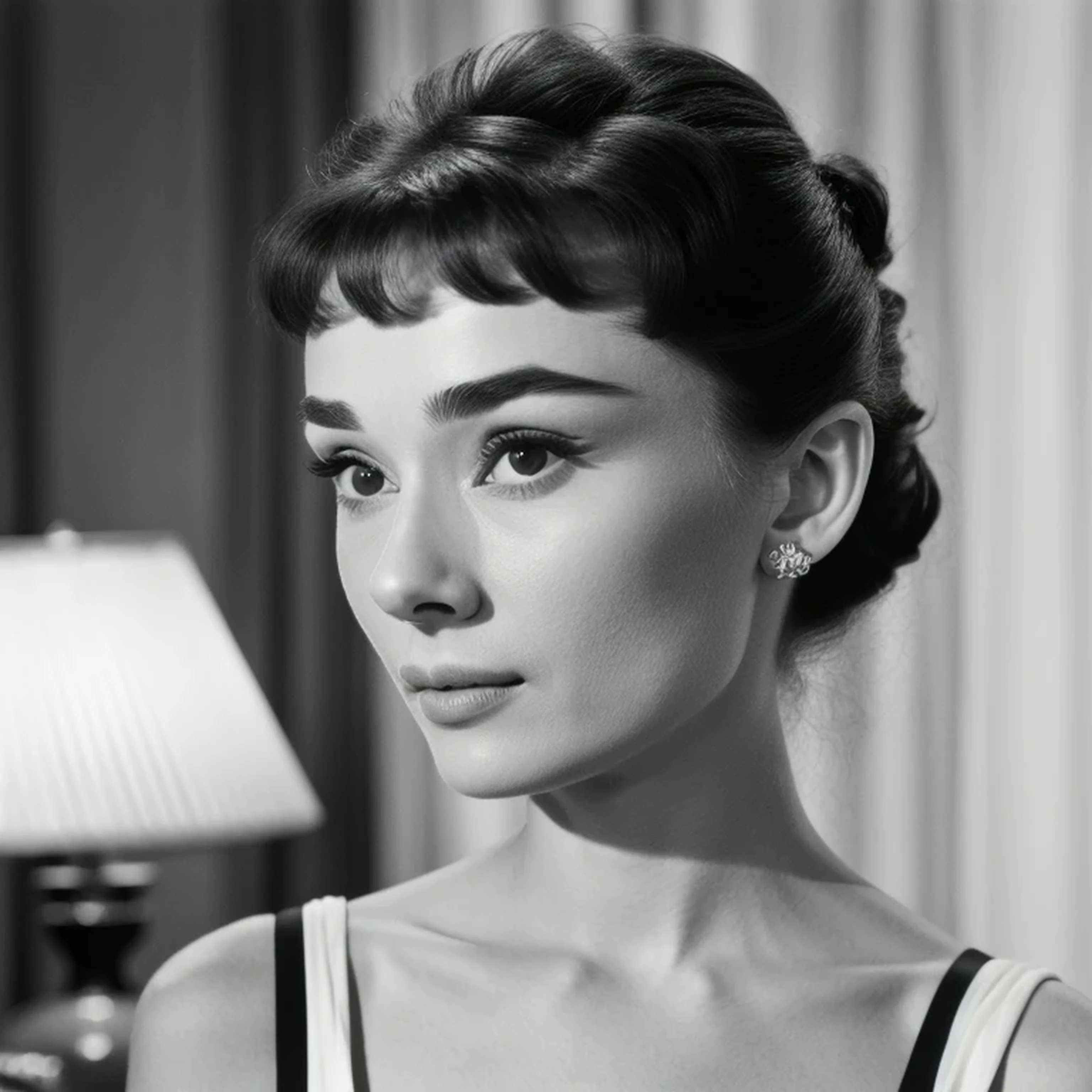 ((black and white filter)), Audrey Hepburn is a beautiful young actress who starred in the Roman Holiday film, focus on eyes, close up on face, short black hair styled cascading curls bun, Audrey Hepburn portrait photo of a beautiful young actress: (Audrey Hepburn is in the black and white Roman Holiday film), hotel room, Award - winning photograph, Masterpiece, 8k, ultra high res, hyper detailed, perfect flawless face, rule of thirds, Realistic Perfect eyes and pupils, Perfect full lips, highly detailed shining hair, ((detailed facial featureinely detailed skin), realistic skin texture, intricate details, photorealism, hyperrealism, ultra realistic, lifelike textures, neutral colors, cinematic lighting, dramatic lighting, backlight on hair, sharp focus, wide angle, film grain, dslr, raw photo,