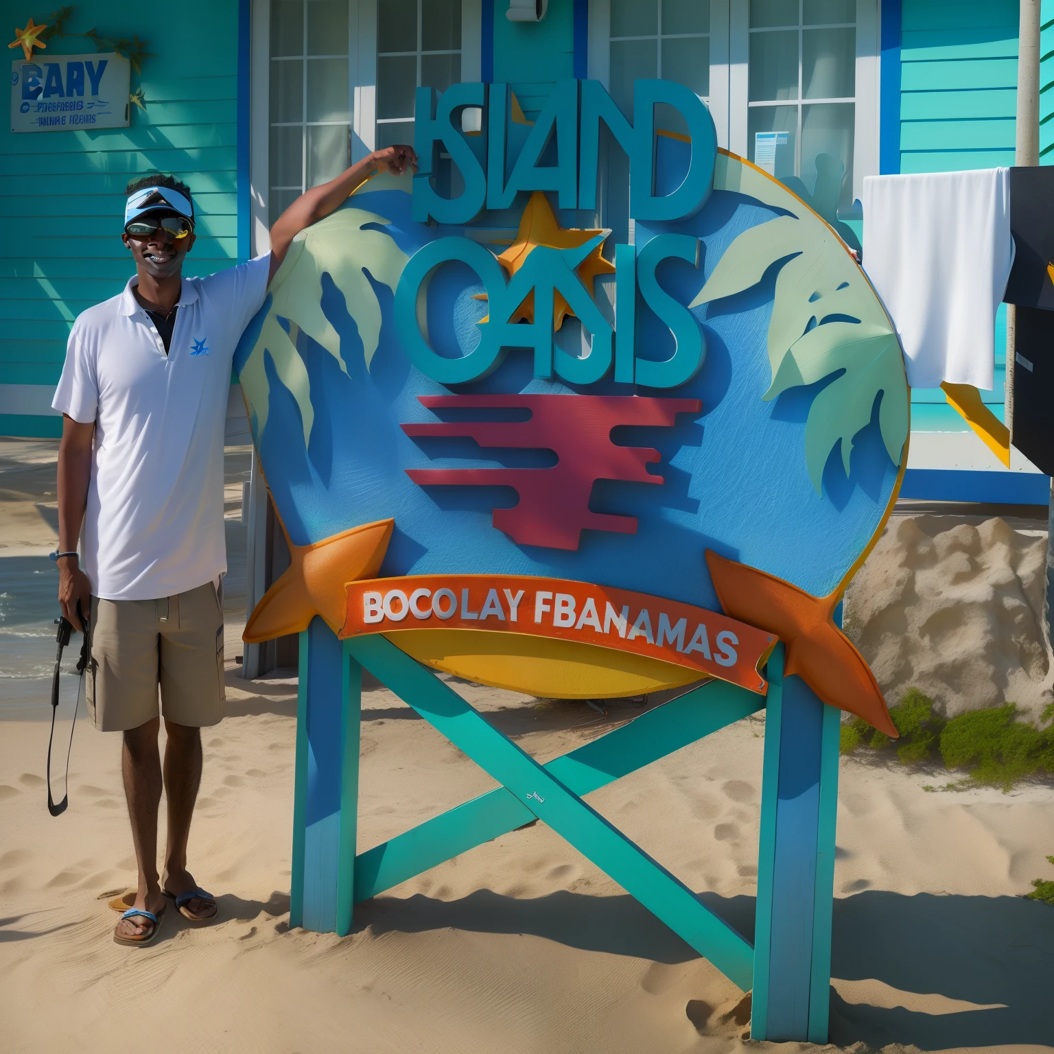 arafed man standing in front of a symbol for a beach resort, Bahamas, islands!!!!!, tourist attraction, sunshine Beach, Ross, Poster shoot, with starfish, Michael, Post-processing, Sarah, vacation photos, Uncropped, Craig, 1506, Ronald Davis, symbol, Notice board,marine style