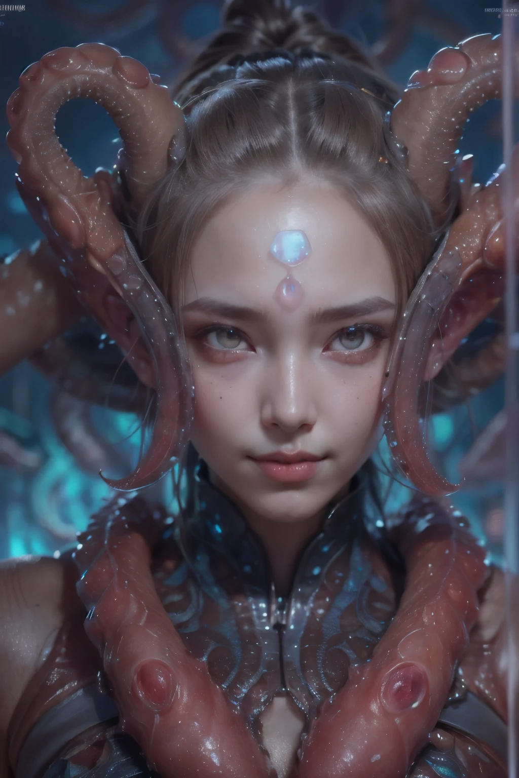 Portrait, (beautiful female alien:1.2), (she has red eyes with no pupils:1.8), (Translucent skin:1.7), (There is a female genital-like organ in the middle of the forehead..:1.9), (The most beautiful face in the history of the universe:1.2),an evil gaze that seduces, (large mouth:1.1), (sharp teeth like a vampire:1.2), full body portrait, (bio luminescent:1.5), (Smile wickedly:1.3), (sexypose:1.5), alien, No humans, cells are fused, (Lots of translucent tentacles:1.3) extraterrestrial, cell, bio image, best quality, 8K,In 4K_quality, High Definition, Dramatic Lighting, masutepiece:1.5,cinematic quality, detail up, (elaborate details:1.2), high resolution, High Definition, drawing faithfully, (Thick eyebrows:1.2), Beautiful eyes with fine symmetry,(Highly detailed face and eyes:1.2), Intimate face, (Super detailed skin quality feeling:1.4), perfect anatomy, (Beautiful toned body:1.5), (Moist skin:1.2), No makeup, (dark circles:1.1), long canines, cinematic drawing of characters, ultra high quality model, cinematic quality, detail up, (elaborate details:1.2), high resolution, High Definition, drawing faithfully, official art, Unity 8K Wall , 8K Portrait, best quality, Very high resolution, ultra detailed artistic photography, midnight aura, unreal enginee 5, Ultra Sharp Focus, art by alberto seveso, ArtGerm, Roisch, intricate artwork, best quality, masutepiece, ultra high resolution, (photos realistic:1.4), ultra realistic realism, dream-like, rainbow colored nautilus, Creation of fantasy, Snail, Dream Snail, (Biopunk Nautilus:1.3), Thrilling color schemes, ultra realistic realism, seductively smiling, Blue tentacles,