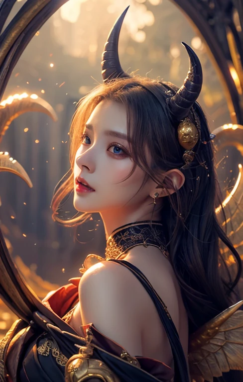 (masterpiece), (highest quality:1.2), 1 female, (masterpiece:1.3), exquisite details, highest qualityの8K解像度, Super detailed, reality, Bright colors, soft tones, With warm and gentle lighting, Has demon wings, horns, and tail, Perm