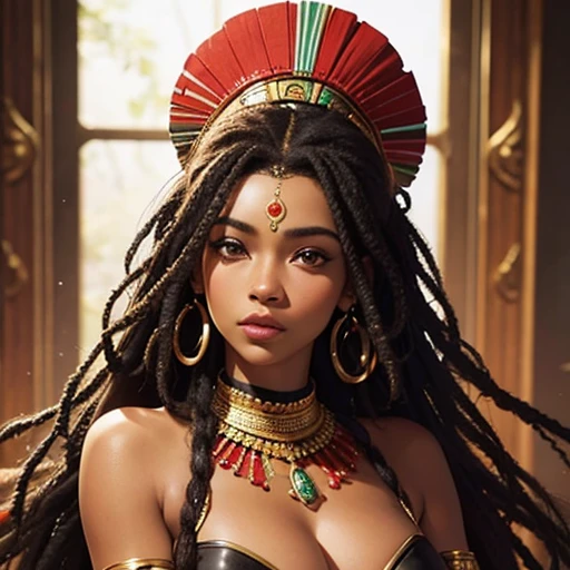 Rainha Africana, rasta comprida, rosto lindo, mamas grandes, armadura, corpo inteiro, corpo perfeito, vestido branco, linda