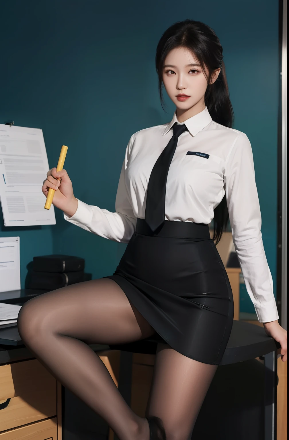 masterpiece, best quality, official art, Extremely detailed CG unified 8k wallpaper, ((uniform)), cap, in the office, long hair, Single ponytail, big deal, mature woman, black stockings, pantyhose,(pencil skirt), Eero 404, ((long legs)),(巨big deal)