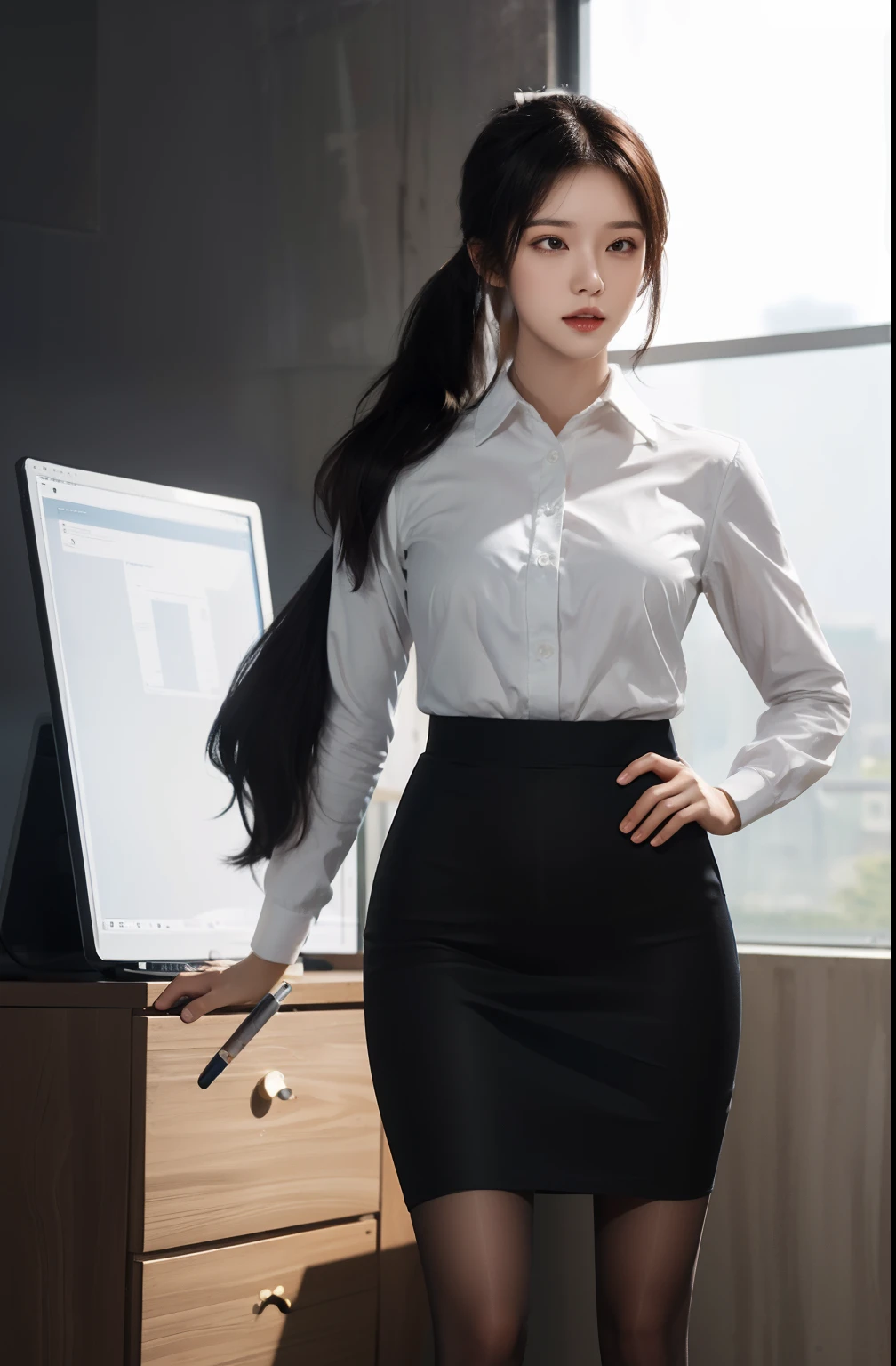 masterpiece, best quality, official art, Extremely detailed CG unified 8k wallpaper, ((uniform)), cap, in the office, long hair, Single ponytail, big deal, mature woman, black stockings, pantyhose,(pencil skirt), Eero 404, ((long legs)),(巨big deal)