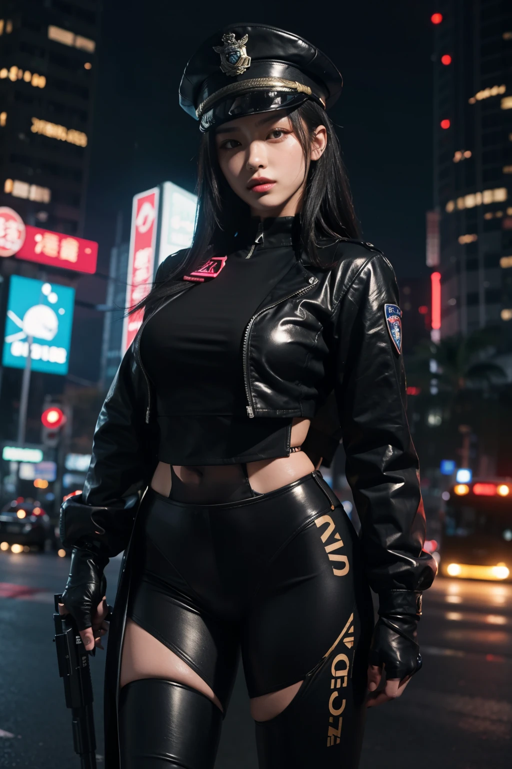 Highest image quality,Excellent details,ultra high resolution,a girl,Mecha,She is wearing sexy uniform,Hold the gun in both hande physically fit,Sexy and strong,Detailed ane muscle lines,dynamic poses,night,Future city street view background,neon lights,sense of technology,future technology,Very detailed cyberpunk style,cyberpunk characters,very detailed制服,very detailed警帽,badges,wear police cap,very detailed,Lots of detail蓝牙耳机,intercom,Wireless devices,Lots of detail,very detailed装备,A highly detailed,street frontage,Full body image,Look from the bottom up,Look from the bottom up, look at the audience