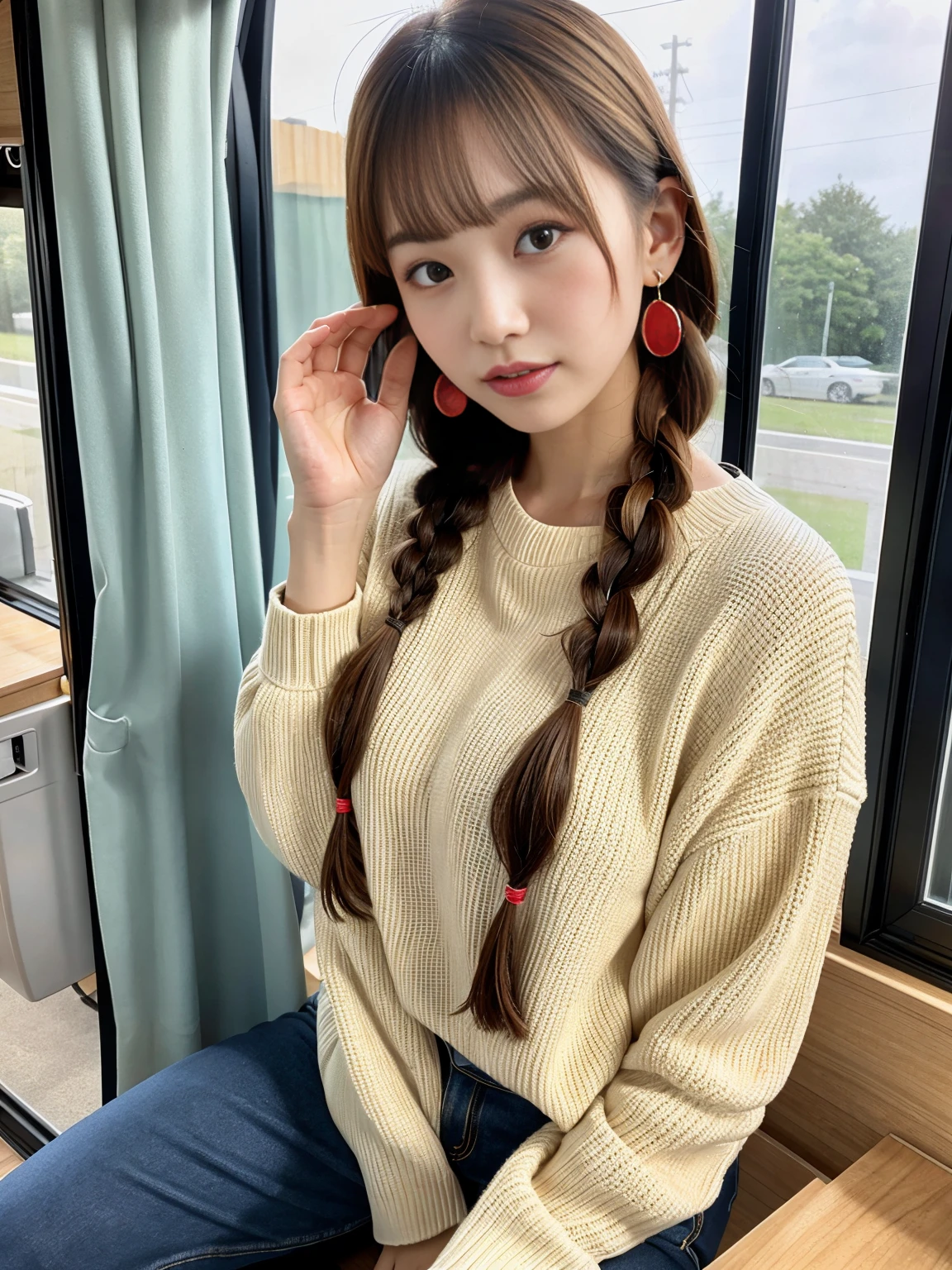 (1girl),(campervan:1.2),(Covering the Windows for Privacy:1.5),(warm clothing),(bright lighting at night),topless, (small nipples), (big breasts: 1.2), gravure, beautiful Japanese, clothes in disarray,earrings,(from above) ,looking at viewer,(reaching out),(snicker),bust shot,(brown hair),(underhand braids),22years old,