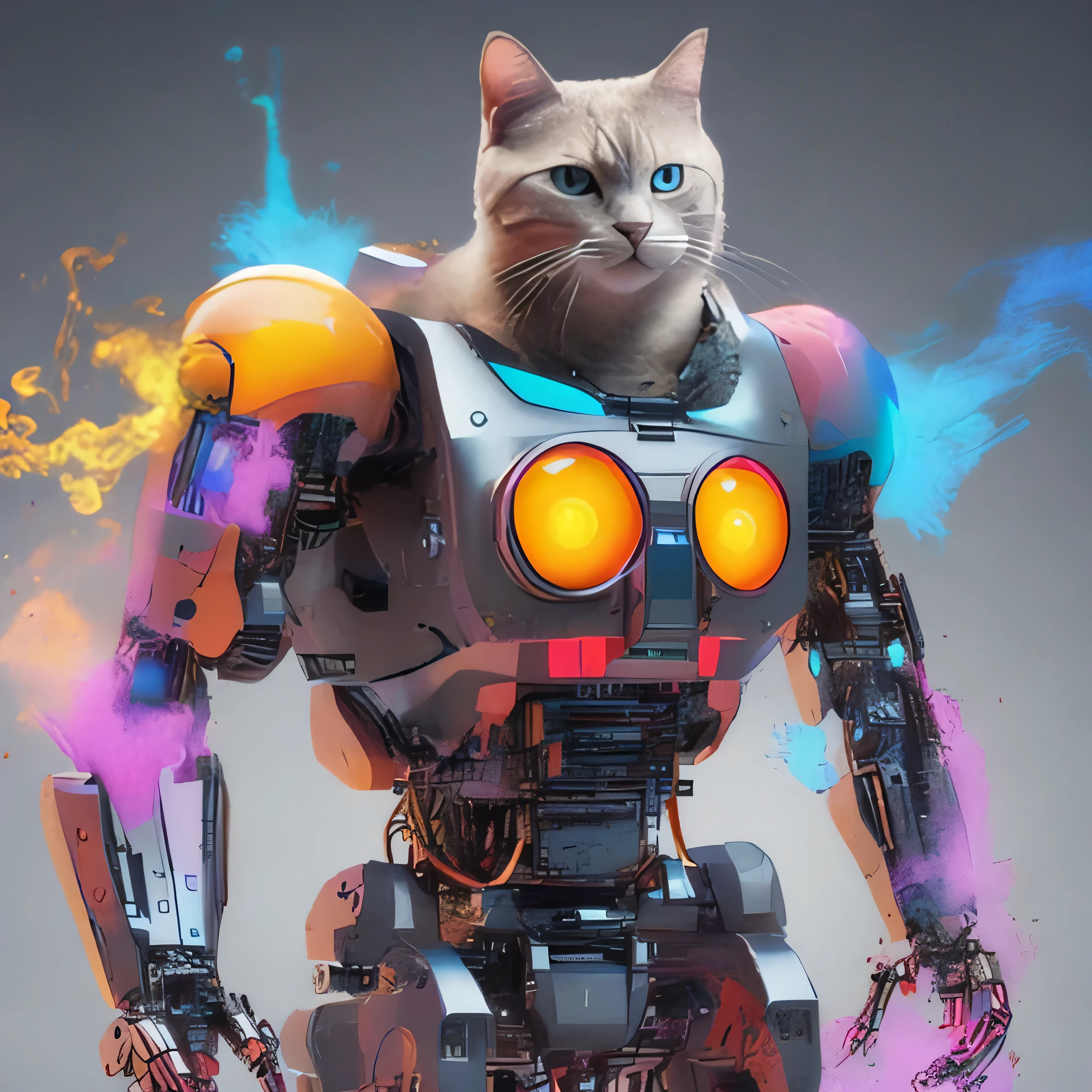 there is a Cat that is standing next to a robot, robot Cat, Cat robot, cyborg Cat, a cyborg Cat, robotic Cat, industrial robotic Cats, サイボーグ子Cat, cyberpunk Cat, fully robotized!! Cat, animal fuse, digital painting. octane rendering, Beeple and Jeremiah Ketner, Wojtek Fuss, beautiful robot character design