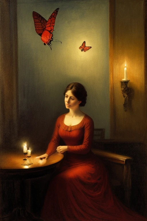 stranger lady in red dress, turning on a candle in  a dark room, there are some  Butterflies around candle, there is no light except candle light, dark atmosphere around subject, lithograph style, symbolic style painting in the style of Odilon Redon, impressionist style, cinematic lighting, first-person view, best quality, highres, 4K, award winning, anatomically correct, masterpiece, masterpiece