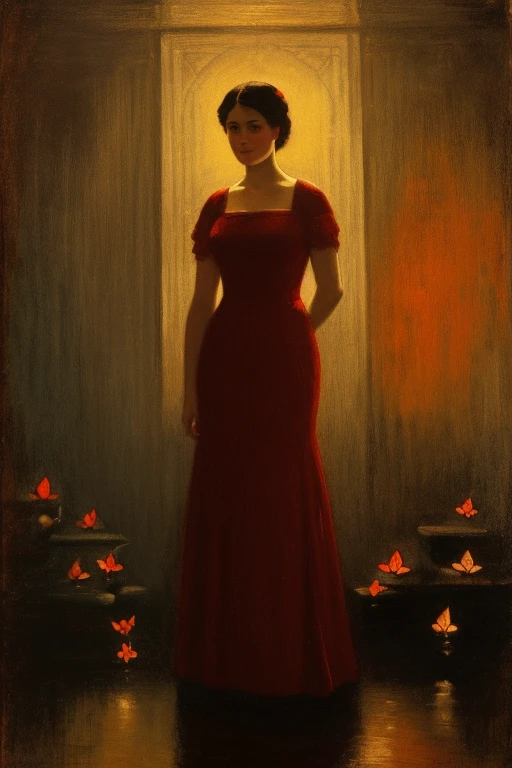 stranger lady in red dress, turning on a candle in a dark room, there are some Butterflies around candle, there is no light except candle light, dark atmosphere around subject, lithograph style, symbolic style painting in the style of Odilon Redon, impressionist style, cinematic lighting, first-person view, best quality, highres, 4K, award winning, anatomically correct, masterpiece, masterpiece