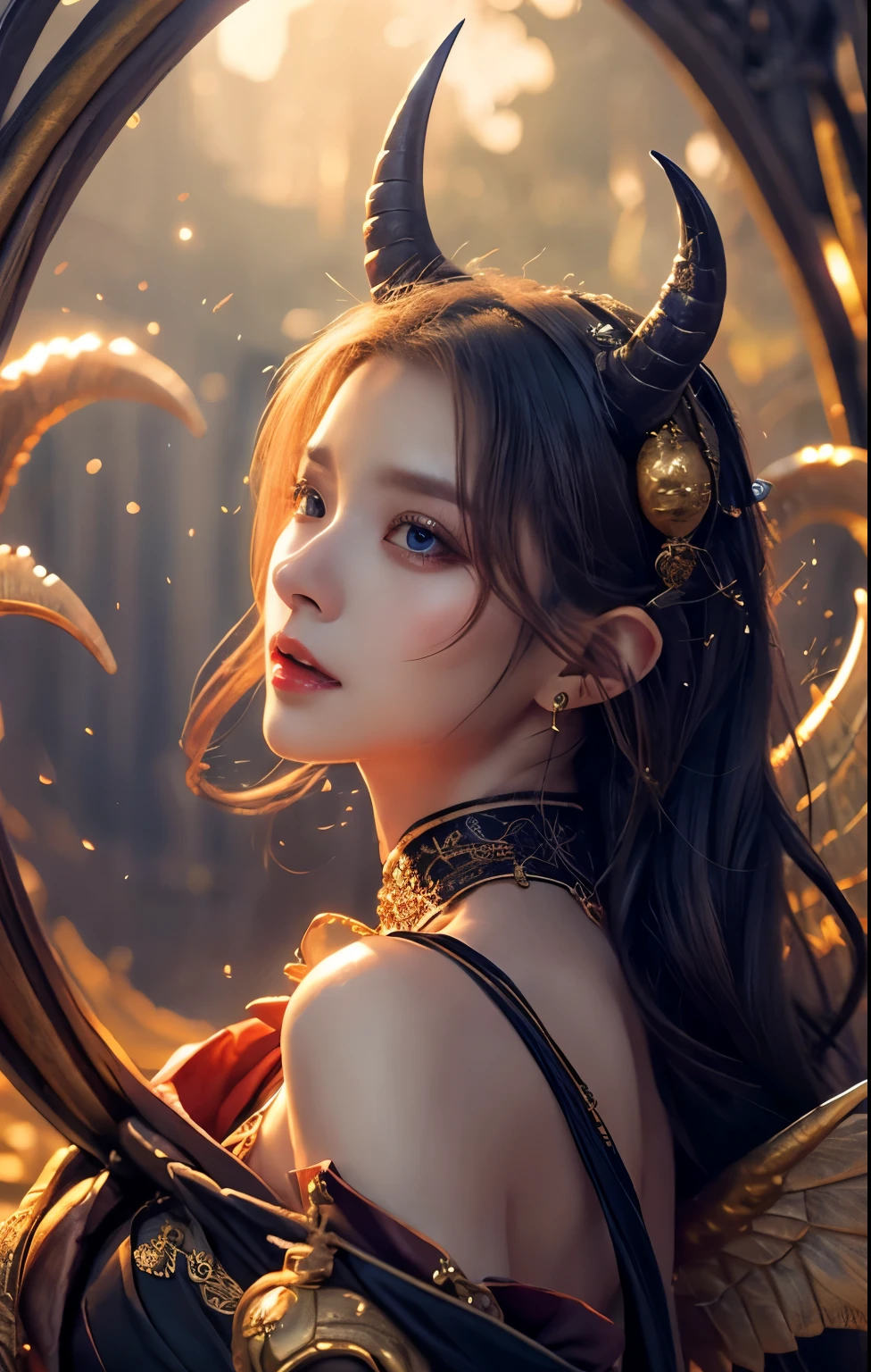 (masterpiece), (highest quality:1.2), 1 female, (masterpiece:1.3), exquisite details, highest qualityの8K解像度, Super detailed, reality, Bright colors, soft tones, With warm and gentle lighting, Has demon wings, horns, and tail, Perm