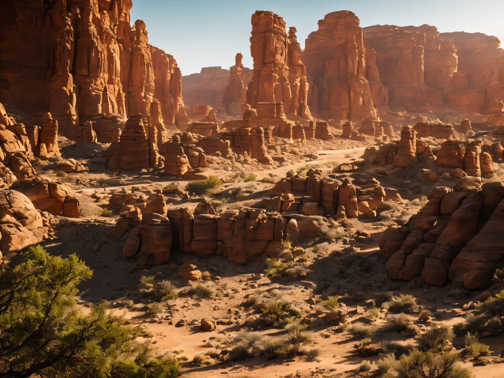 cinematic photo depicting a desert canyon on a metal cybernetic planet in a remote corner of the universe, planetary landscape, Desert Canyon, cyberpunk, metal planet, high detail, science fiction, cinematic frame, maximum realism