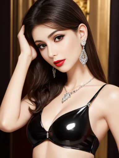 Lebanese lady, diamond dangling earrings, necklace, bracelets, small breasts, 40 years old, smokey eyes, cleavages, red lips, innocent face, pvc dress