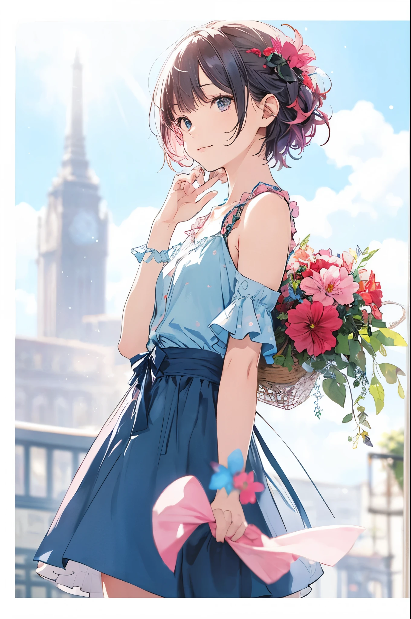 (blurry background:1.3), (blue background:1.3), (extremely detailed fine touch:1.3), (hard light, studio light, light rays, dappled light, reflection, shadows, ray tracing:1.0), (rough sketch:1.3), ///, kawaii girl, blue short hair, girly dress, night, star, milky way, horizon, sky, clouds, rainbow, stars, (milky way:1.3), wind, city, upper body, tower, black flower, (pink cloud:1.3), (red flower:1.3), profile