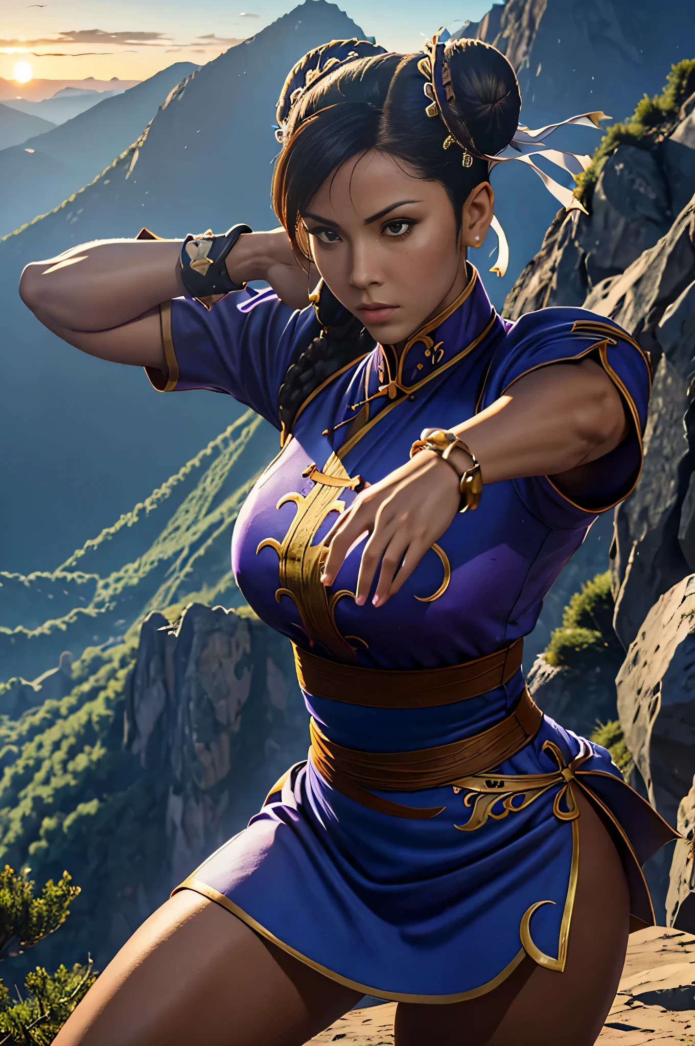 ultra-detailed,8K,detailed light,detailed shadow,RAW, (detailed skin),(realistic:1.2),chun li flying kick, bamboo forest background