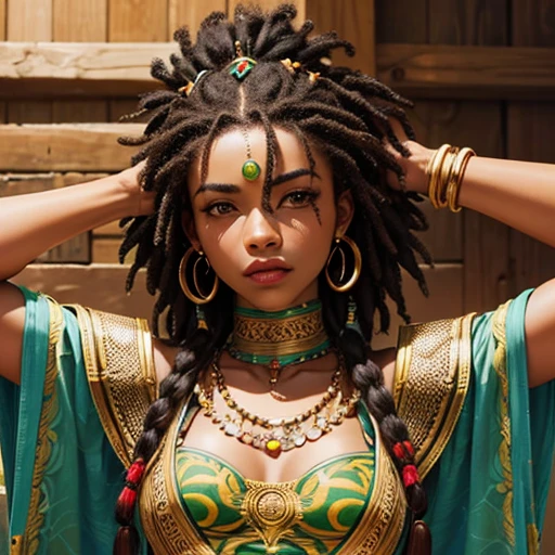 guerreira Africana, rasta comprida, rosto lindo, mamas grandes, cabelo longo, armadura