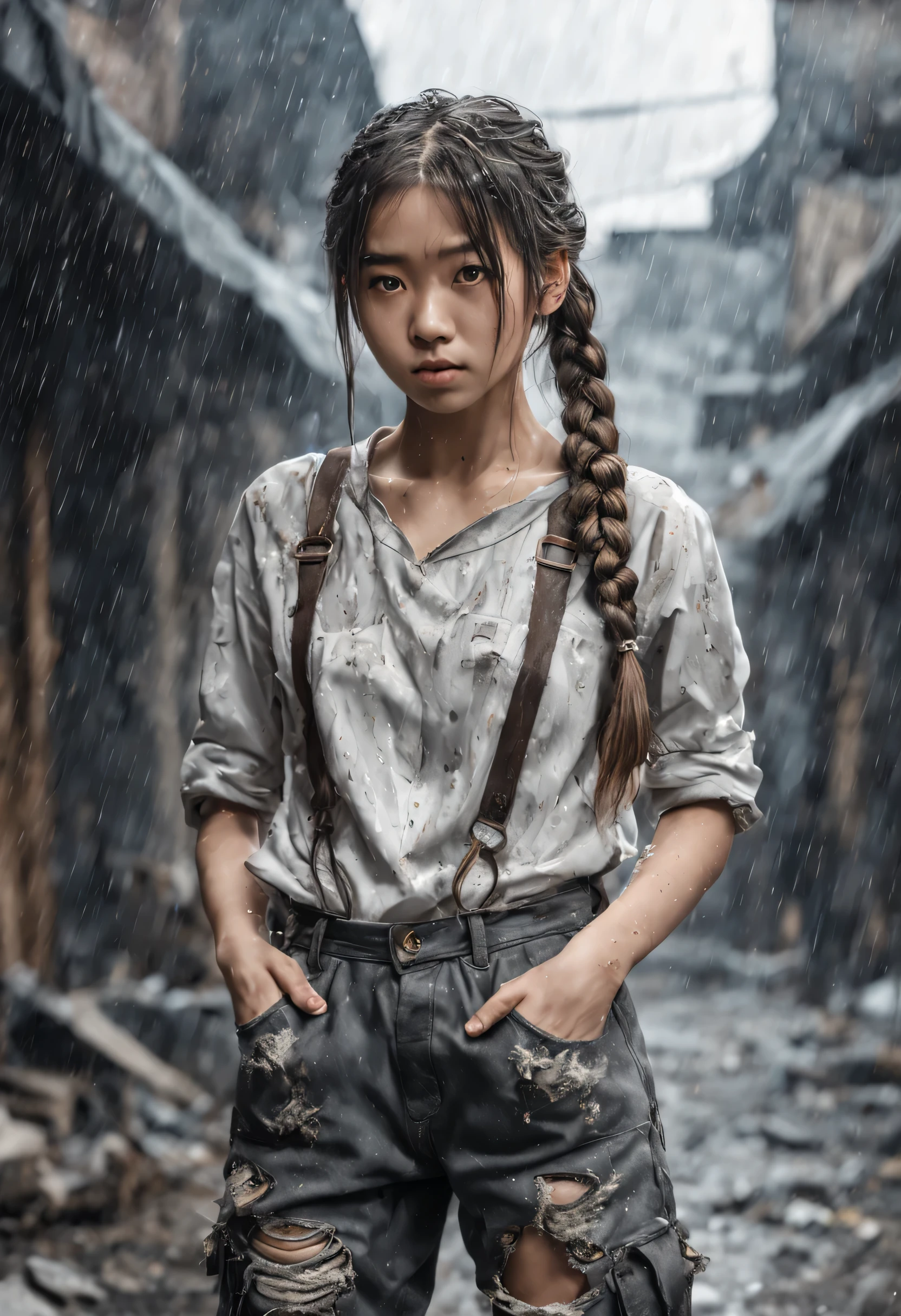 japanese cute girl hair in a braid, hands in ripped and torn pant pockets, standing in a dystopia, raining ash that looks like glitter, antique photo, scratches and dust, Photorealistic