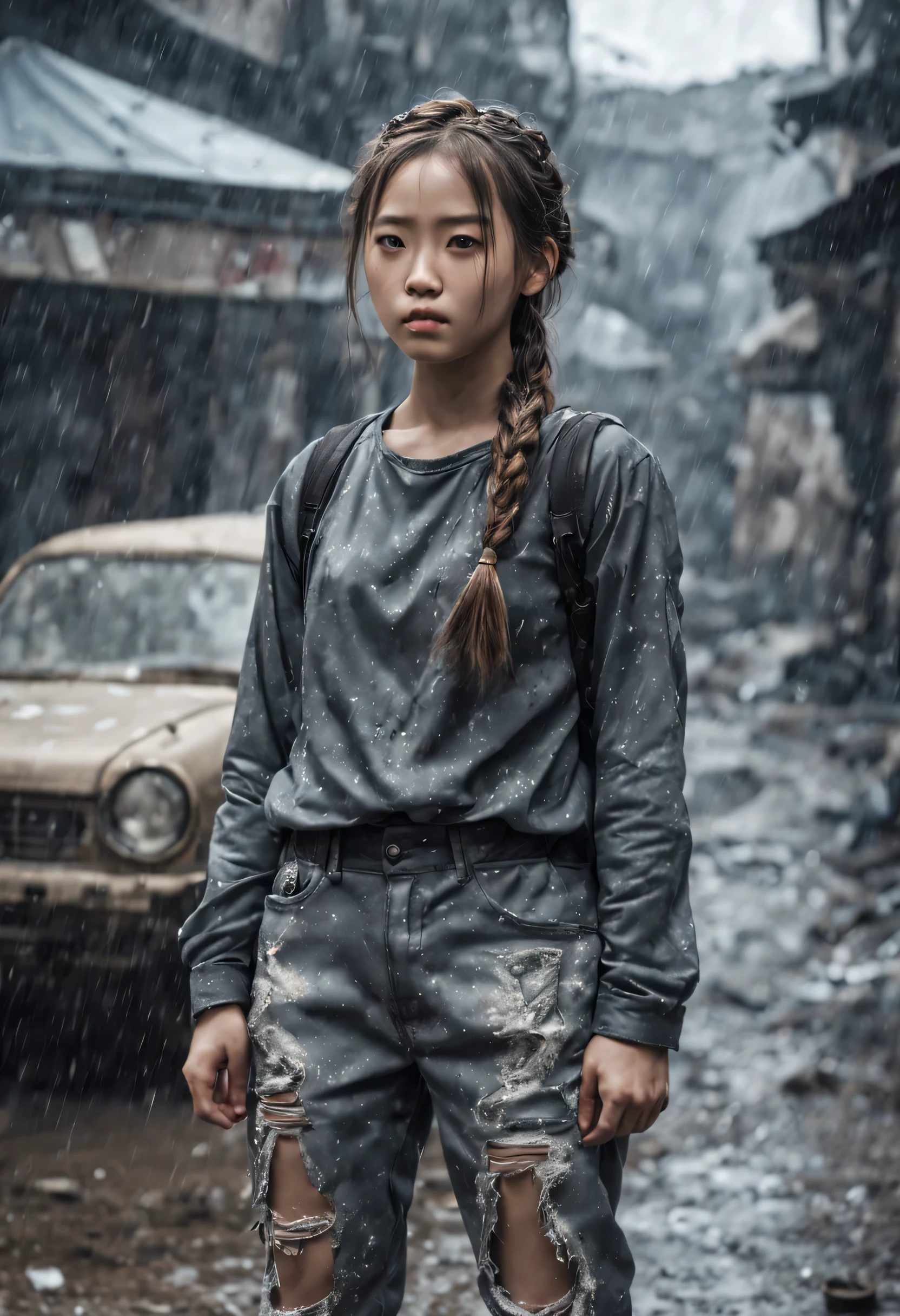 japanese cute girl hair in a braid, hands in ripped and torn pant pockets, standing in a dystopia, raining ash that looks like glitter, antique photo, scratches and dust, Photorealistic