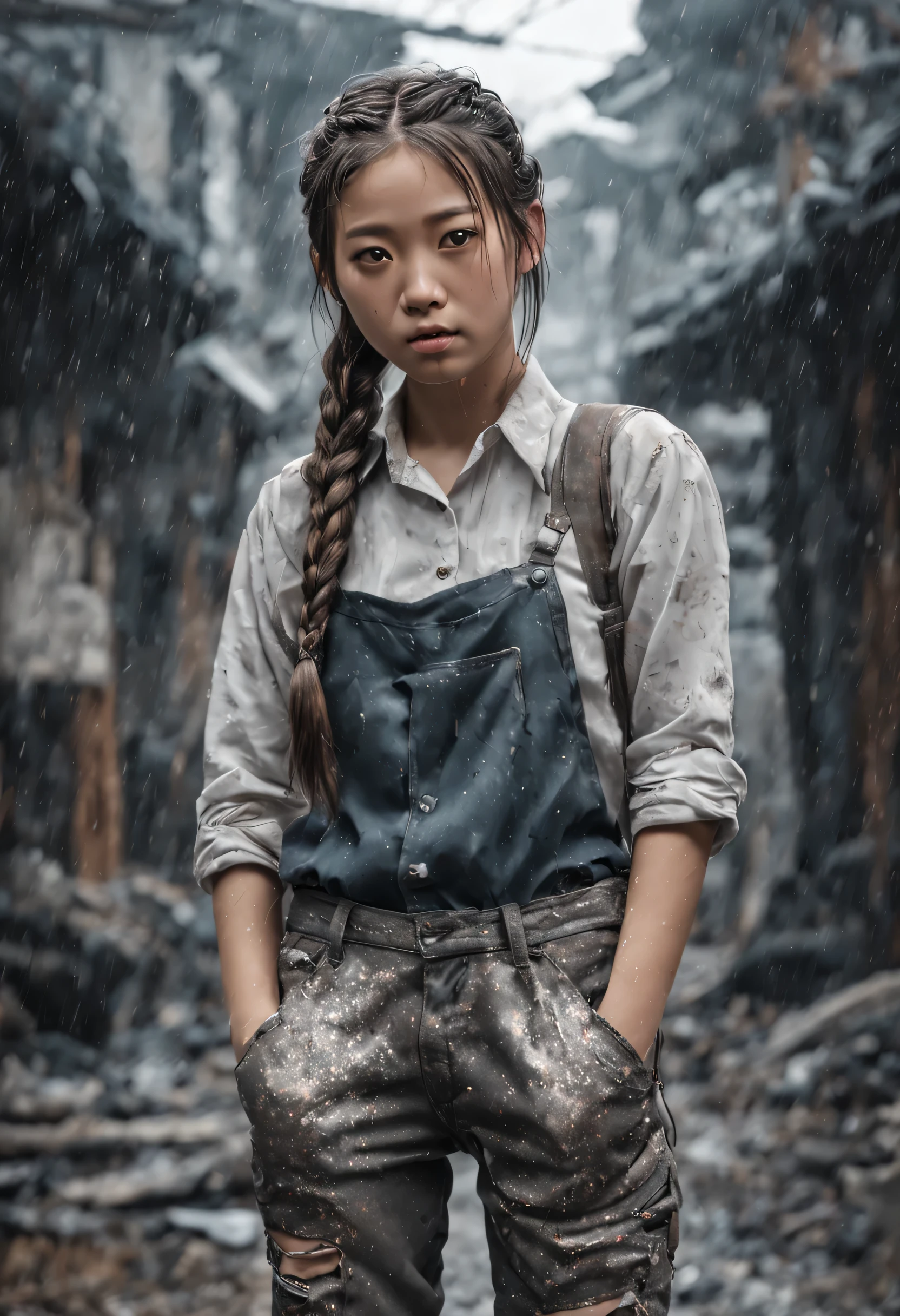 japanese cute girl hair in a braid, hands in ripped and torn pant pockets, standing in a dystopia, raining ash that looks like glitter, antique photo, scratches and dust, Photorealistic