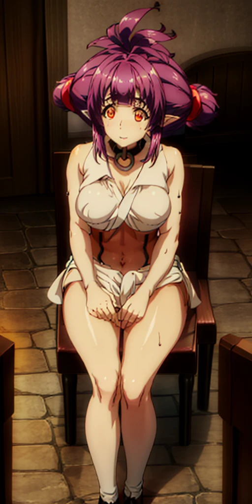 A tall and beautiful elven woman, plump body, big breasts, pale yellow glowing eyes, cold expression, proud posture, straight chest, dark skin, dark facial tattoos, purple tied hair, exposed chest, exposed shoulders, exposed navel, exposed thighs, sitting on a chair, spread her legs, looked up at the camera, wet body, in a medieval inn.
