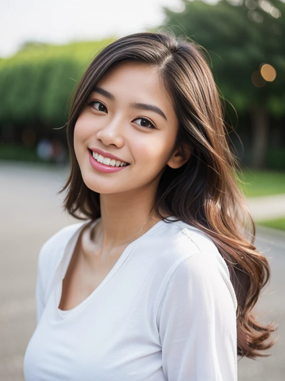 Classy malay girl with a perfect smile, looking straight to the camera, professional photography, professional lighting, portrait: 1.4, 85mm, midshot, waist shot, mirrorless camera, village blur background, bokeh, large breast, sleeve, modest, fluffy wavy hair, highlight on hair, slim figure, huge breast, see_through thin cloths, perfect body, traditional, high quality, pretty face, innocent face, ((wearing tight white tshirt)), cleavage, sexy