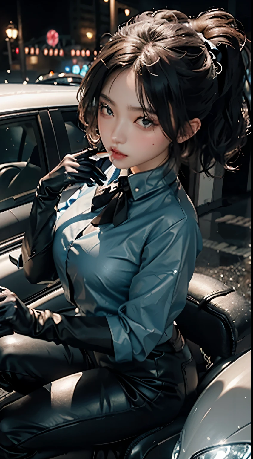 1个female孩, female, Exquisite and beautiful face, blush, eat lollipop, Various hairstyles, full, Buttocks protruding, wet body, Wearing a blue shirt with a badge, black tie, Black tight leather pants, black boots, White gloves, wearing sunglasses, helmet on, close up, 臀部close up, perfect proportions, Detailed clothing details, water drop effect, motorcycle, Lighting effects, futuristic city, high-tech scene, high quality, masterpiece, 8K,