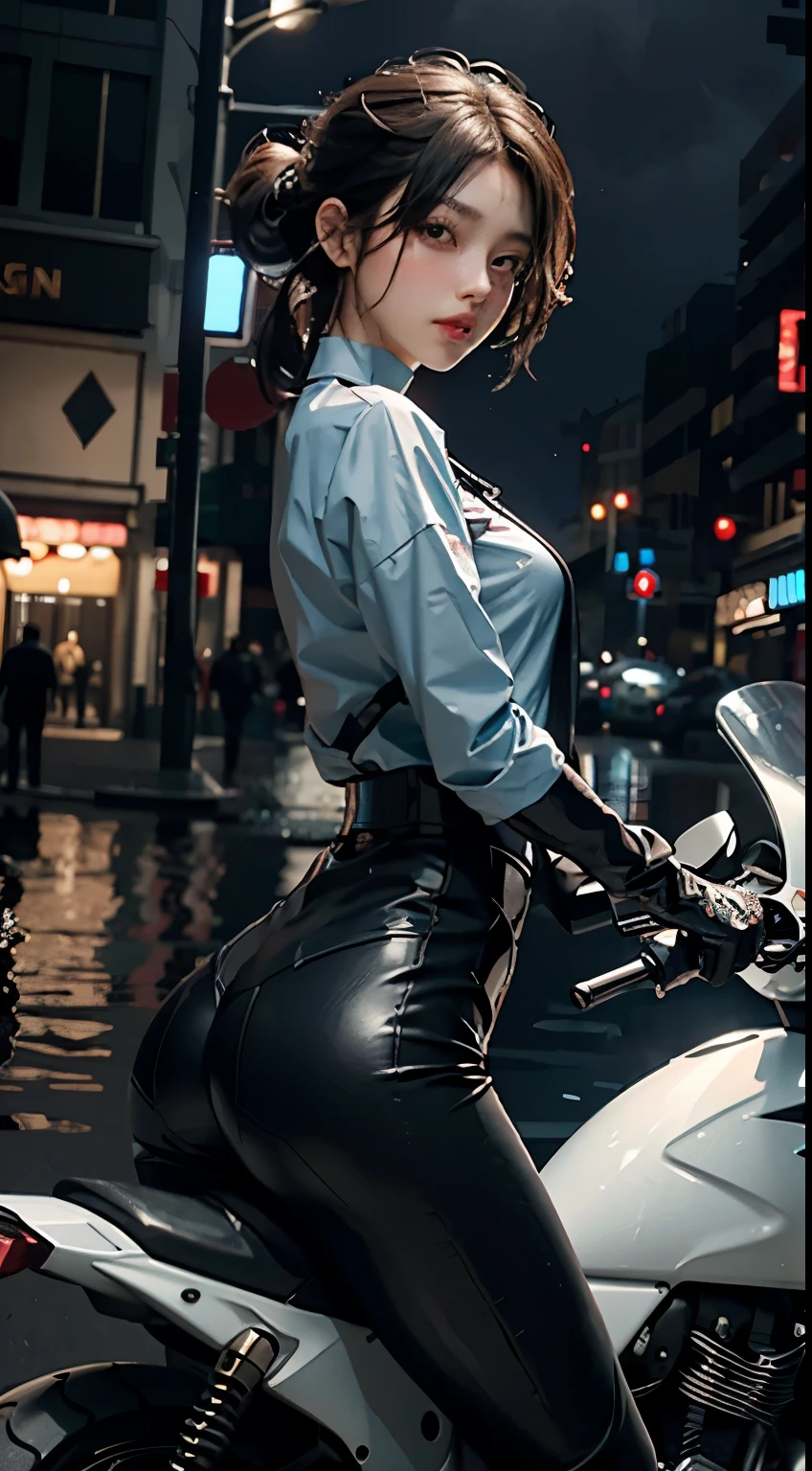 1个female孩, female, Exquisite and beautiful face, blush, eat lollipop, Various hairstyles, full, Buttocks protruding, wet body, Wearing a blue shirt with a badge, black tie, Black tight leather pants, black boots, White gloves, wearing sunglasses, helmet on, close up, 臀部close up, perfect proportions, Detailed clothing details, water drop effect, motorcycle, Lighting effects, futuristic city, high-tech scene, high quality, masterpiece, 8K,