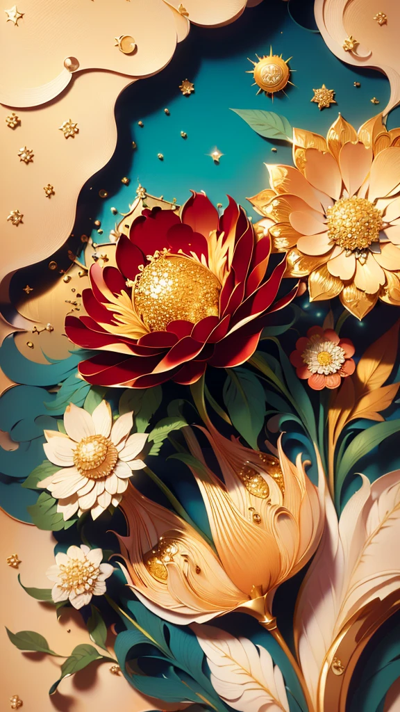 ((((masterpiece))), best quality, illustration, Beautiful details shine, gold sequins, _cut, morango, morango花, sun, sunlight