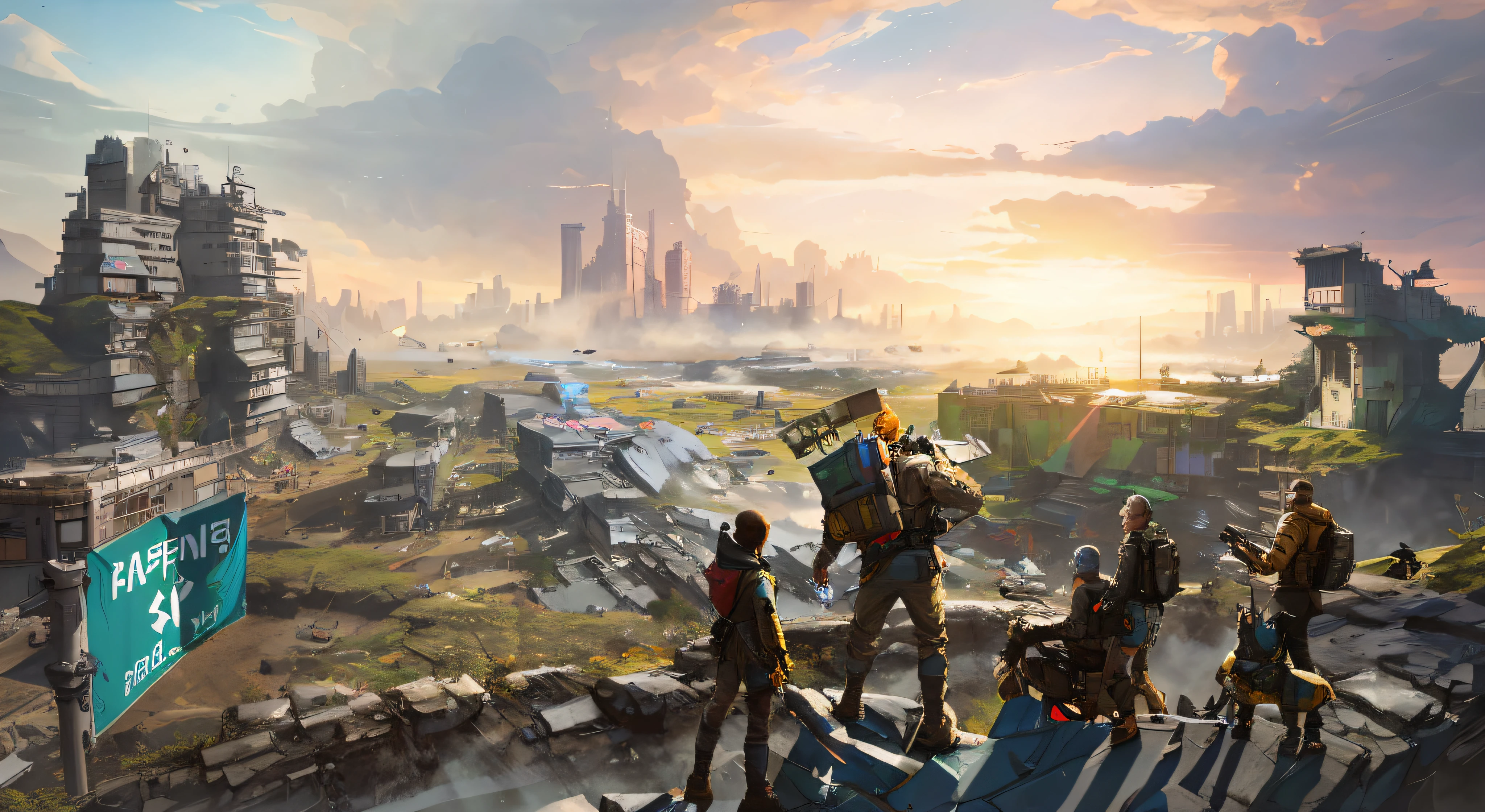 There are many people standing on the mountain,Background - city, apex legends concept art, metaverse concept art, Dystopian digital concept art, key art, Ismail Inceoğlu and Ruan Jia, award winning concept art, Urban concept art, award winning concept art, Pinot Dany and Dan Mumford, Riot game concept art