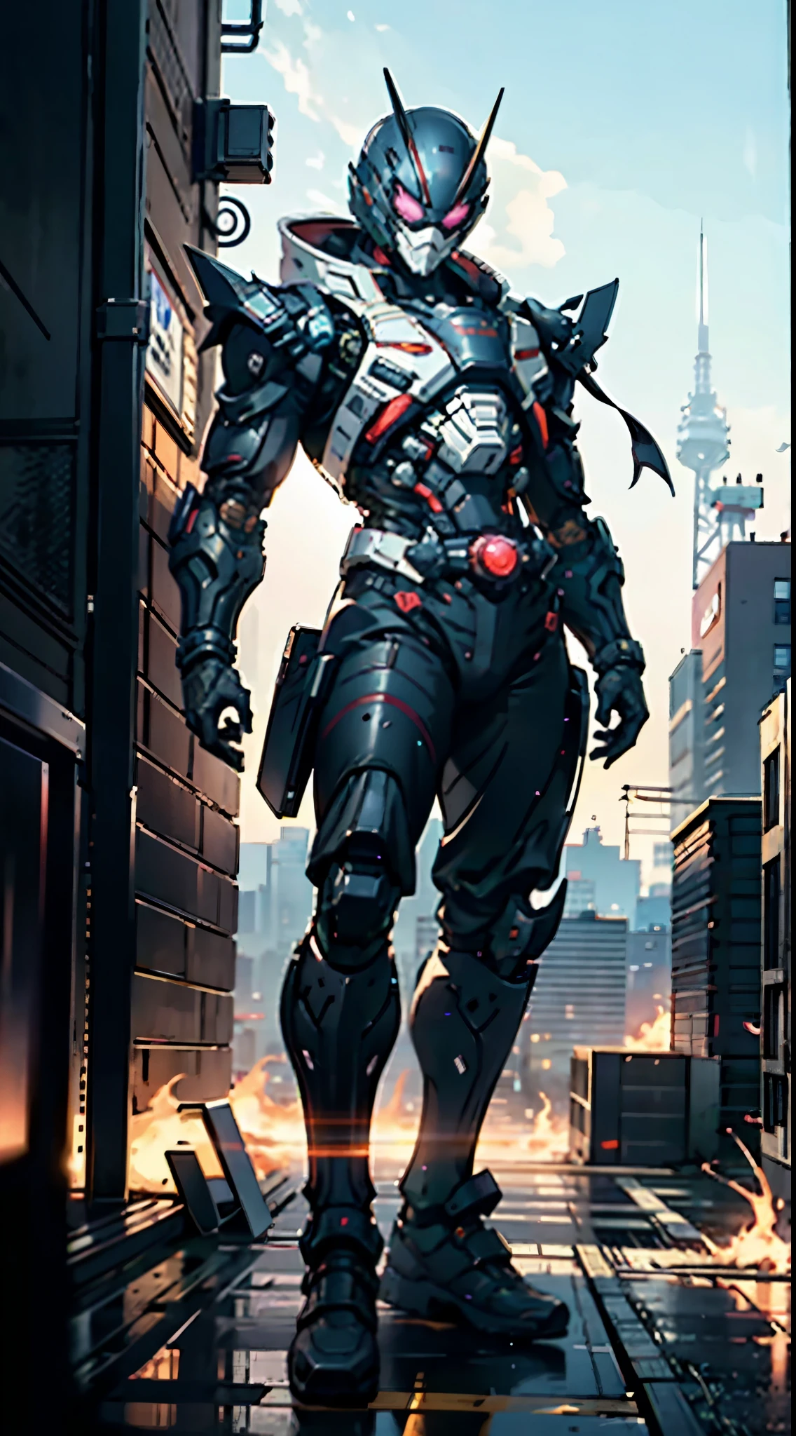 A super a high-tech biotech battle suit, standing on a rooftop, looking over the city, Japanese tokusatsu and American comic style, biometallic texture of the suit, sleek and shiny, dynamic, fast, natural light, cinematic, high quality, high resolution, high detail, sophisticated design, dramatic, high definition, ultra-detailed, ultra-fine painting, extremely delicate, creativity, Natural light, cinematic lighting, best shadow, masterpiece-anatomy-perfect