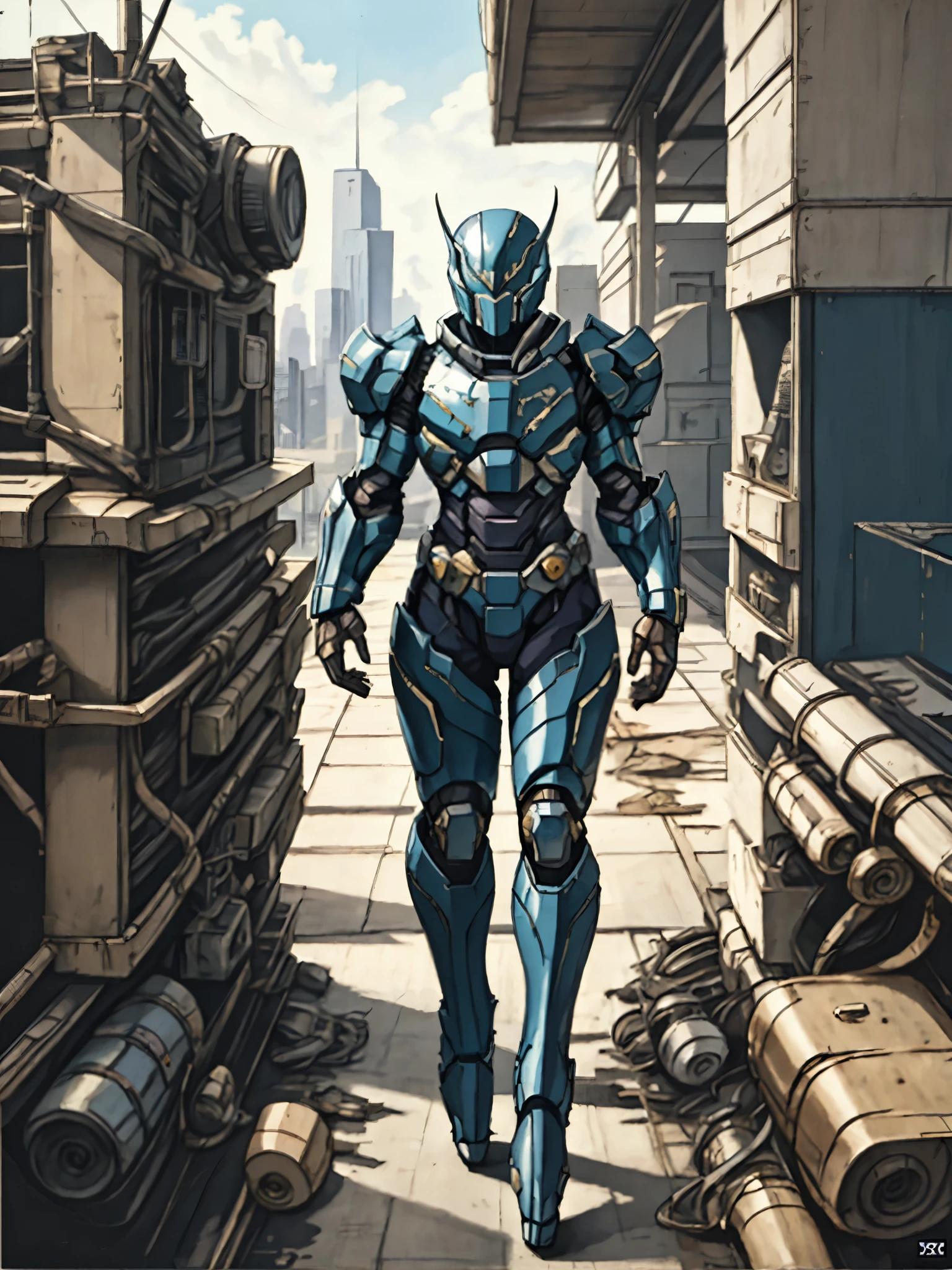 A super a high-tech biotech battle suit, standing on a rooftop, looking over the city, Japanese tokusatsu and American comic style, biometallic texture of the suit, sleek and shiny, dynamic, fast, natural light, cinematic, high quality, high resolution, high detail, sophisticated design, dramatic, high definition, ultra-detailed, ultra-fine painting, extremely delicate, creativity, Natural light, cinematic lighting, best shadow, masterpiece-anatomy-perfect