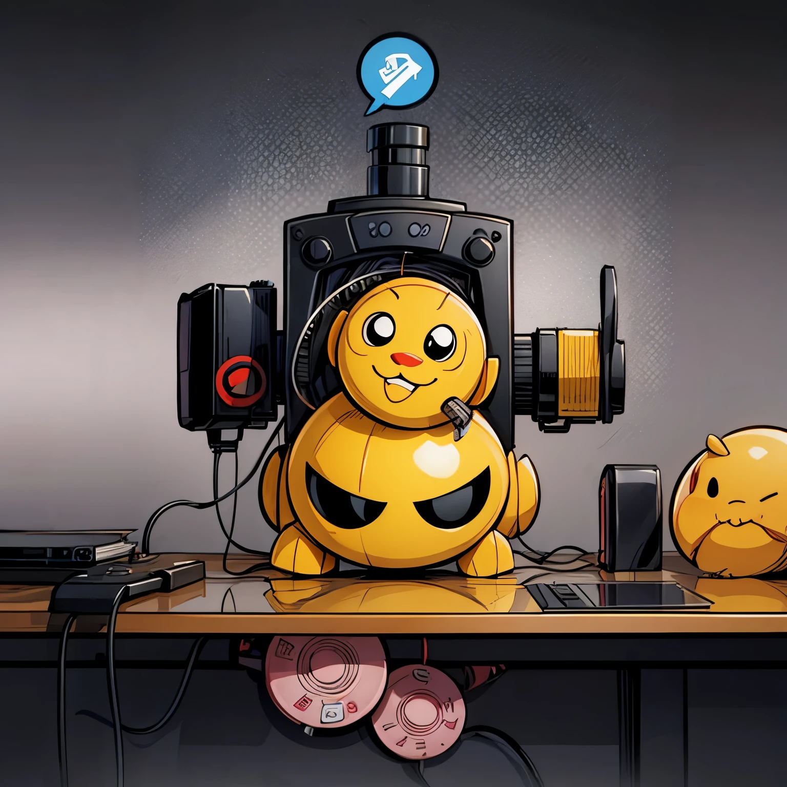 white on black background: discord-server admin´s new tape-changer toy-robot doing the important system-backup, cute furr comic, icon, 1:1 aspect ratio