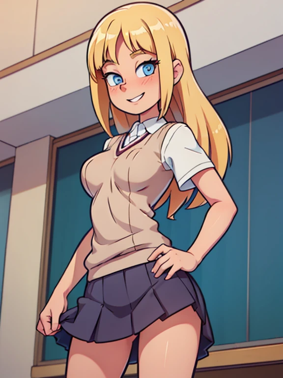 1girl, sexy naked arold blonde cheerleader is standing at the front of her crowded classroom and is lifting her skirt to show her clasmates her pussy