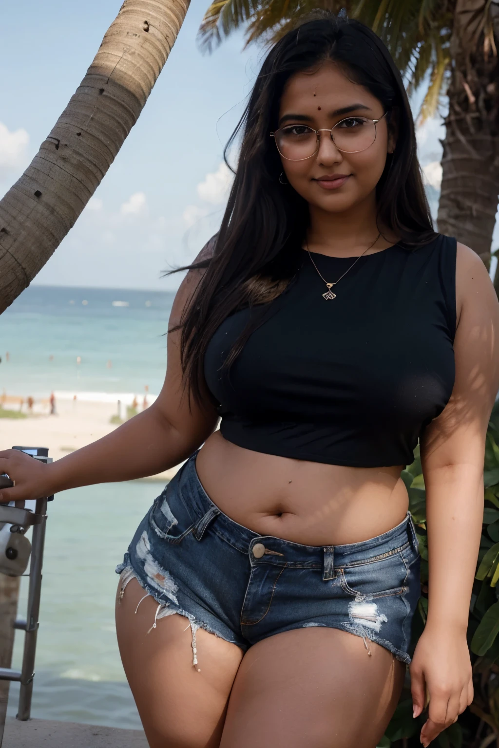 Indian woman wearing (shiny black top) and (denim shorts), (young woman), 20 years old, (chubby cheeks:1.4), (curvy body:1.3), (eyeglasses), (bindi), An Indian beauty, charismatic, light Indian- skin, view the viewer, naughty smile, in a beach, both eyes are the same, full-body shot, hd, 2k, 4k , 8k, 16k