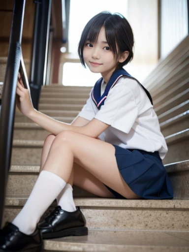 muste piece, Top quality, 8K, 15 years old, japanese girl, slender, Raw photo, absurd, award-winning portraits, (detailed face, shy smile), solo, School uniform, sailor uniform, short sleeve, idol face, super mini skirt, short socks, slim legs, shoes,  whole body shot from the bottom of the stairs, whole body shot from a Low - Angle, detailed face), refreshing shy smile, slender girl, Golden short-cut hair, dark eyes, whole body, digital single lens reflex, look at the viewer, Frank, sophisticated, like々New, perfect whole body balance, (Low - Angle), professional lighting, (Eye and face details: 1.0), (It&#39;s blurry: 1.1)