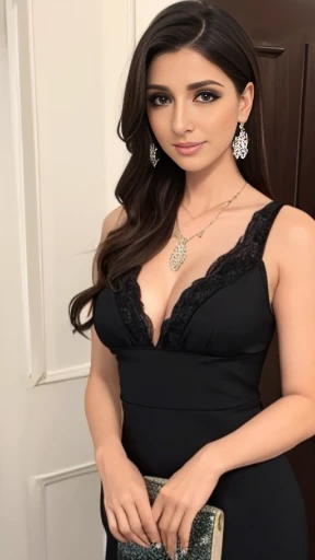 Lebanese lady, diamond dangling earrings, necklace, bracelets, small breasts, 40 years old, smokey eyes, cleavages, innocent face, silk dress