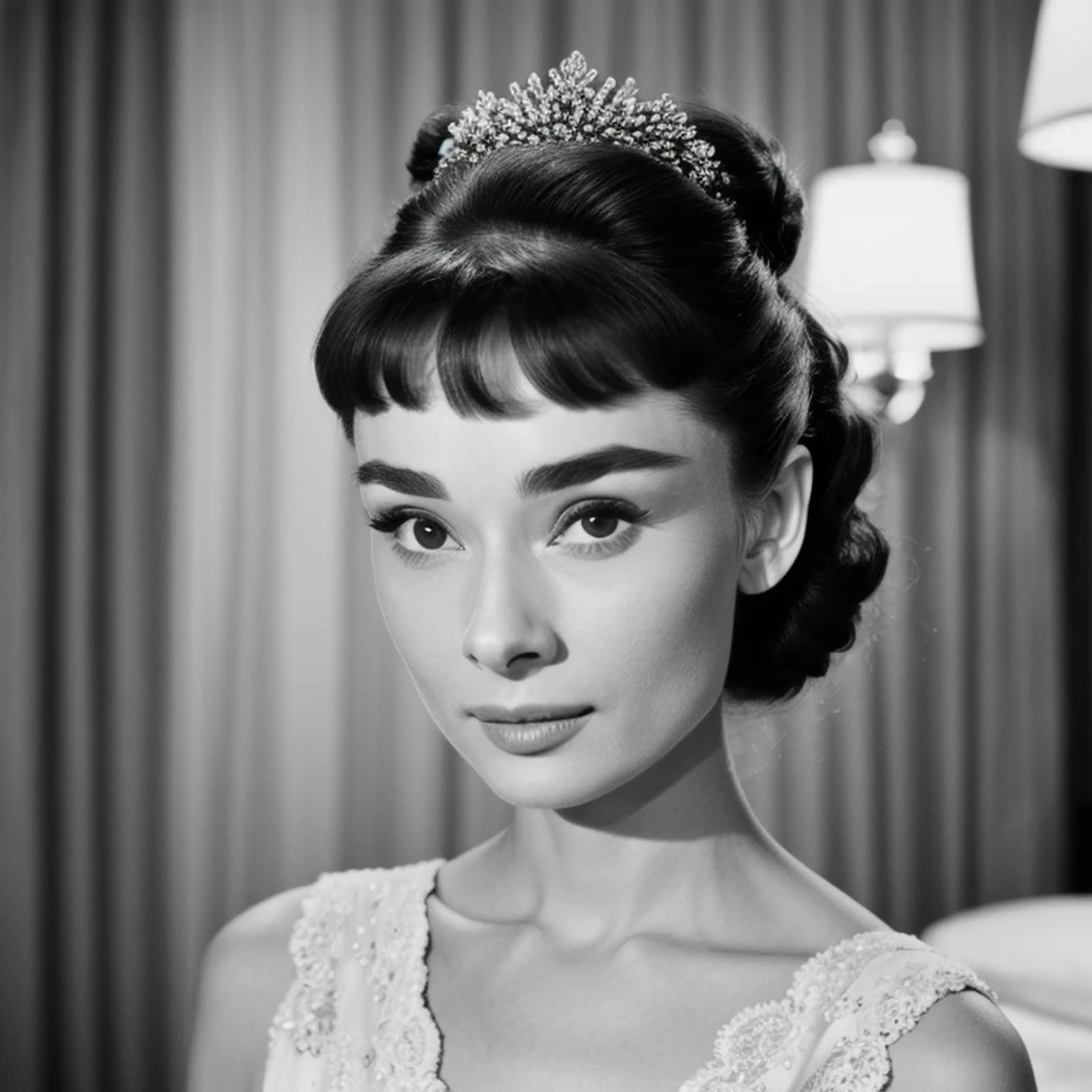 ((black and white filter)), Audrey Hepburn is a beautiful young actress who starred in the Roman Holiday film, focus on eyes, close up on face, short black hair styled cascading curls bun, Audrey Hepburn portrait photo of a beautiful young actress: (Audrey Hepburn is in the black and white Roman Holiday film), hotel room, Award - winning photograph, Masterpiece, 8k, ultra high res, hyper detailed, perfect flawless face, rule of thirds, Realistic Perfect eyes and pupils, Perfect full lips, highly detailed shining hair, ((detailed facial featureinely detailed skin), realistic skin texture, intricate details, photorealism, hyperrealism, ultra realistic, lifelike textures, neutral colors, cinematic lighting, dramatic lighting, backlight on hair, sharp focus, wide angle, film grain, dslr, raw photo,