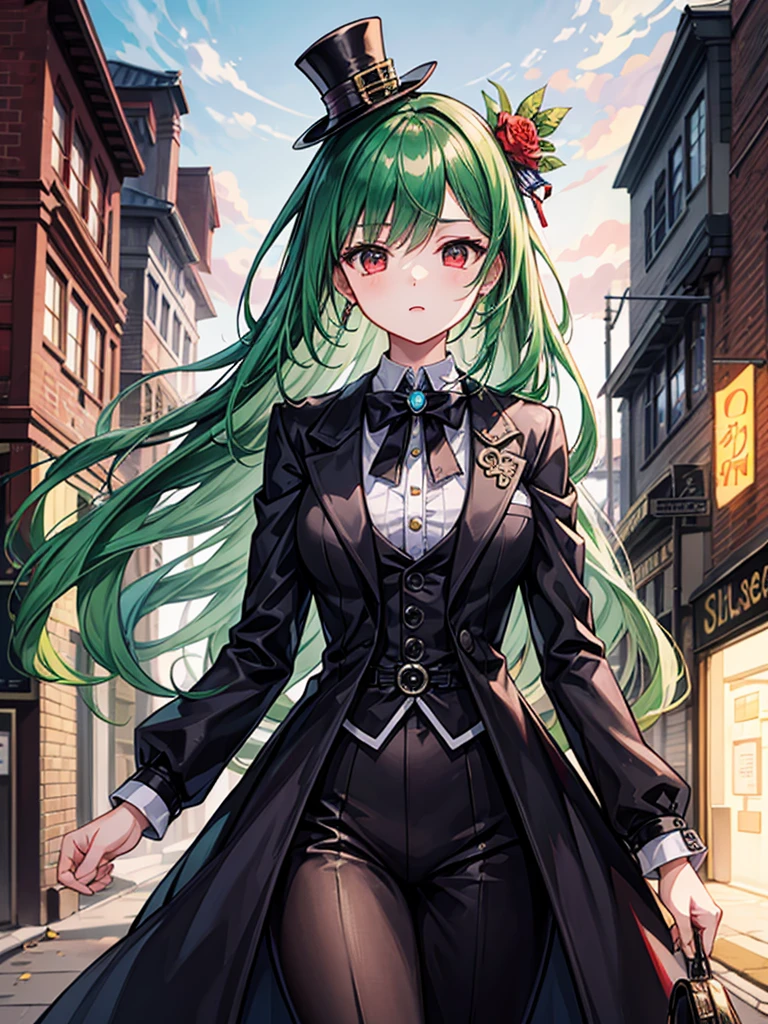 （（（masterpiece、Highest image quality、highest quality、highly detailed unity 8ｋwallpaper）））、（（Illustration of one girl））、（（（beautiful girl）））、（（green hair、long hair、straight、red eyes））、（（Men、silk hat、tuxedo））、steampunk、chimney、１９street corner of the century