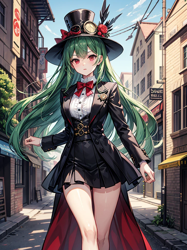 （（（masterpiece、Highest image quality、highest quality、highly detailed unity 8ｋwallpaper）））、（（Illustration of one girl））、（（（beautiful girl）））、（（green hair、long hair、straight、red eyes））、（（Men、silk hat、tuxedo））、steampunk、chimney、１９street corner of the century