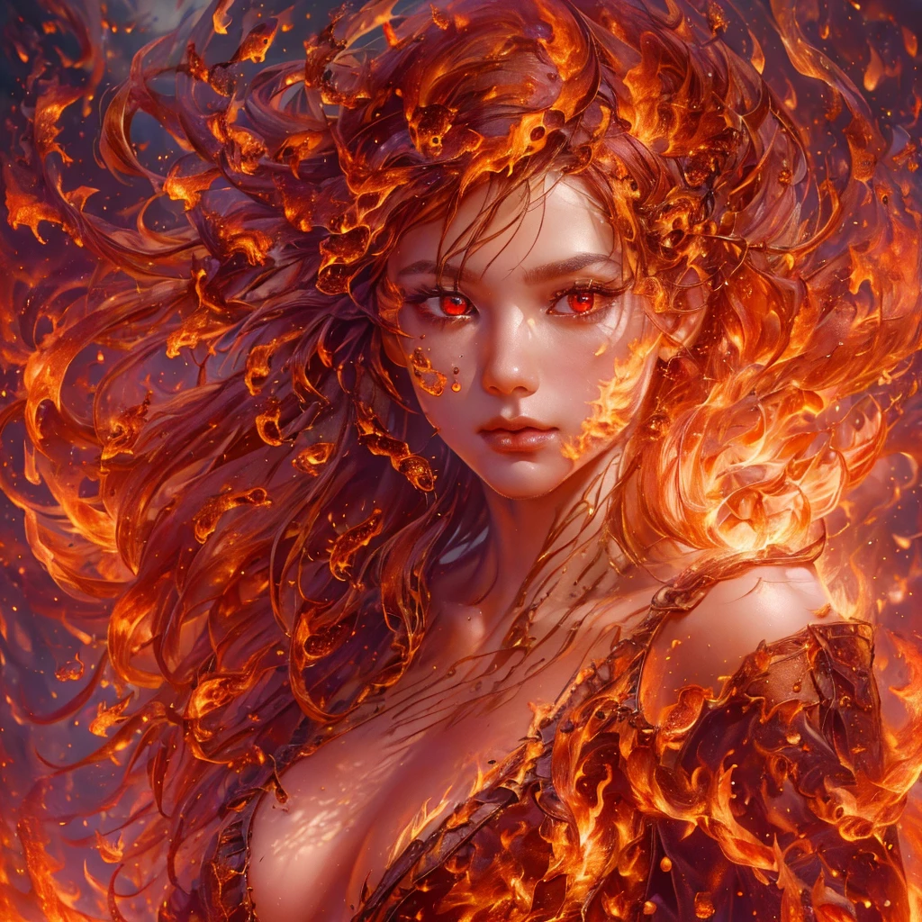 (Surrealism, complex background:1.1) (official art, unity 8k wallpaper, ultra detailed, beautiful and aesthetic, masterpiece ,best quality:1.3,full body, slim abs ,shiny skin ,ultra-detailed face, detailed eyes, lustrous lips ,subtle smile, red tones, realistic style with fantasy elements,nsfw(1girl, solo)18 year old,{{{small breasts}}}long hair,hair floating up ,burning hair,bright red hair, red eyes, realistic eyes,charming realistic characters,(fire dress, burning, she has fire, controlling fire:1.2)(open clothes,torn clothes,)(see-through,translucent,transparent,)(show off nipple,bare breasts)