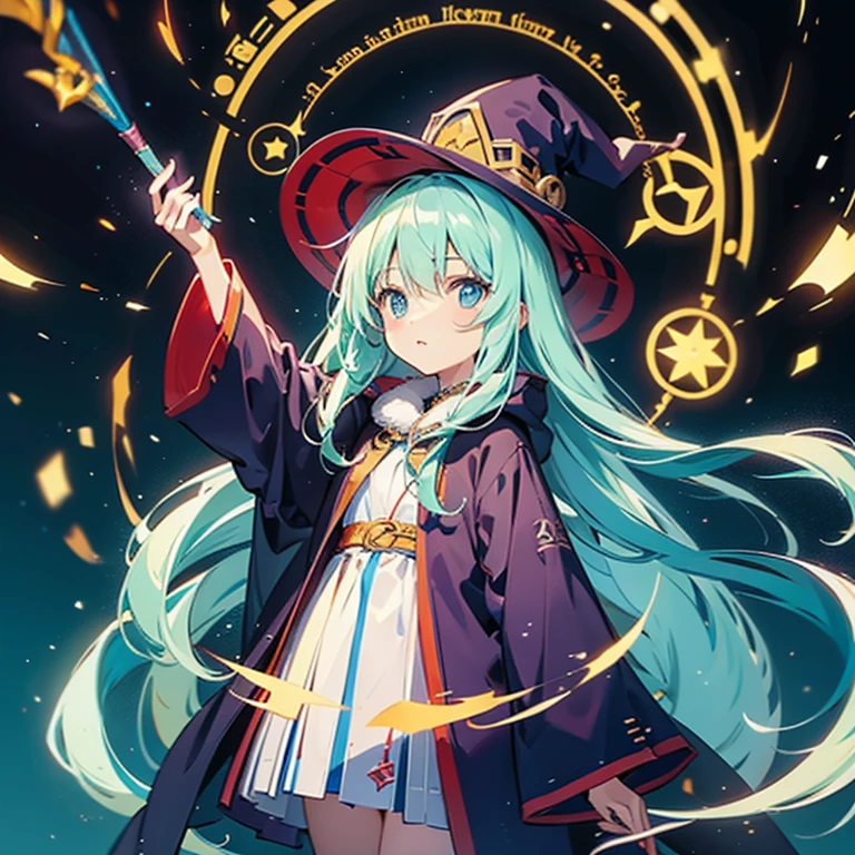 Wizard robes　wizard hat　Long magic wand　teenage girl　long hair　cute face　magic circle