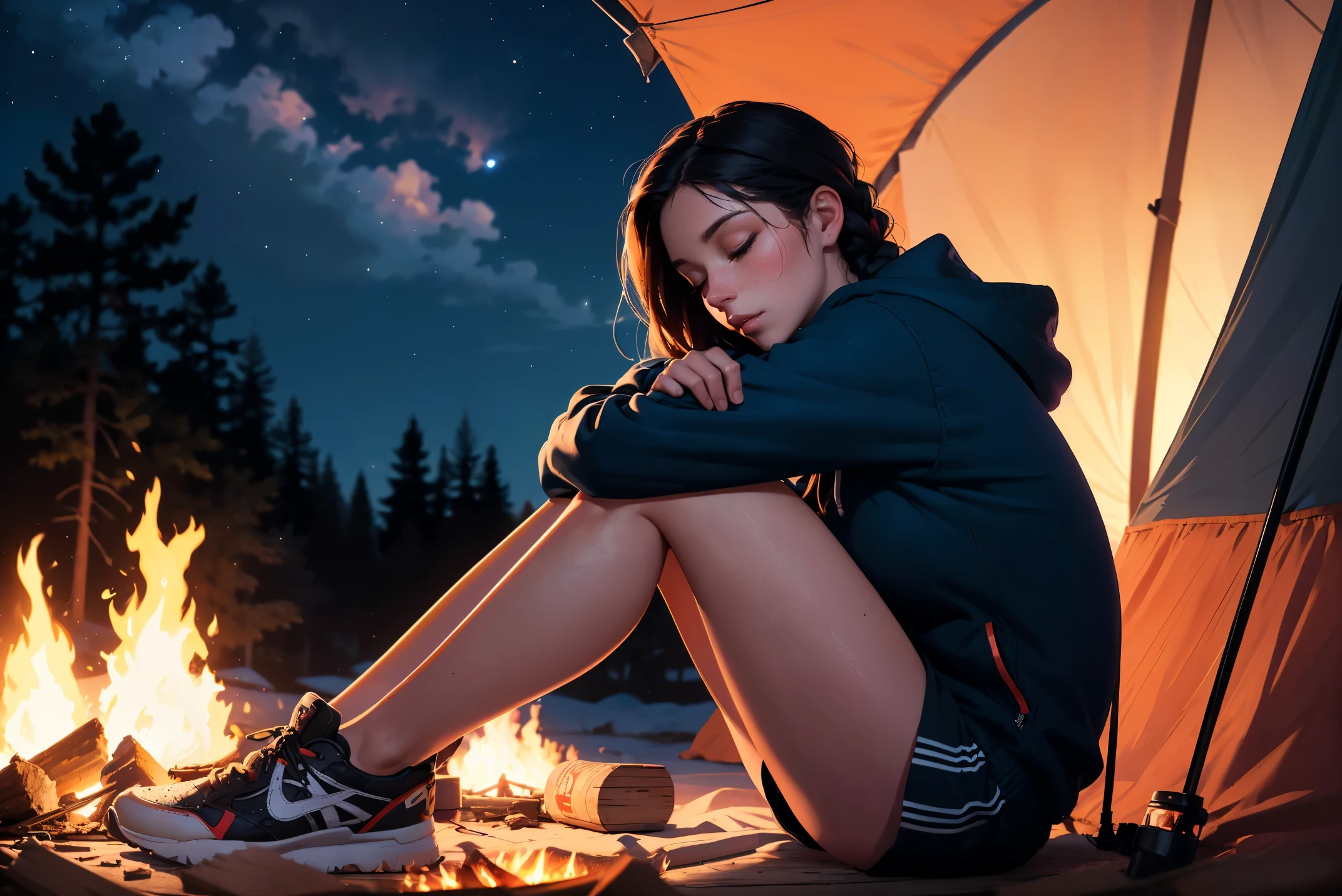 A woman is sitting on the floor next to a bonfire, Alena Anami Style, inspired Writer: Alena Aenami, Guweiz style art work, realistic art style, beautiful lonely girl, the fire shines lonely, At the campfire at night, Writer: Alena Aenami, makoto shinkai cyril rolando