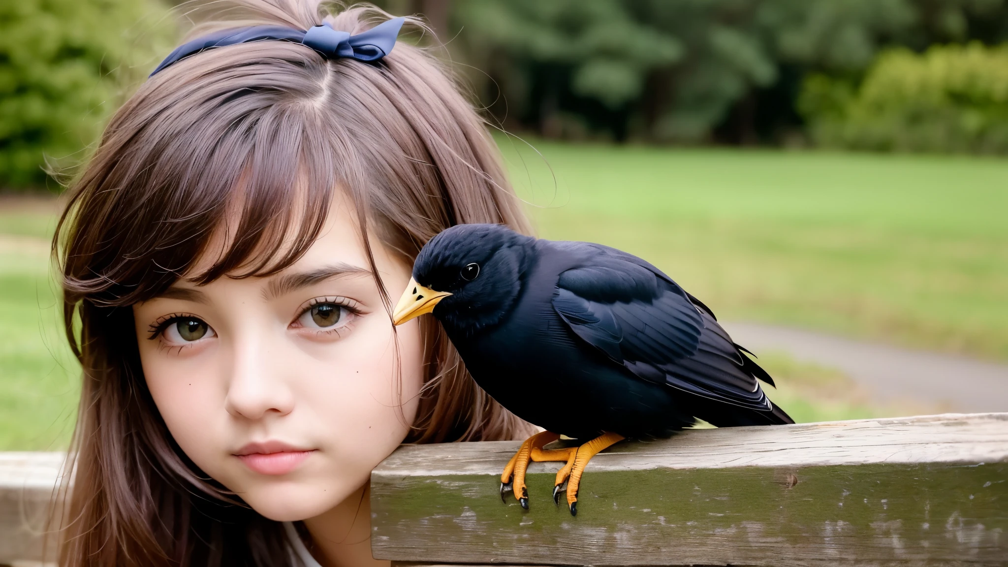 CHILD girl with a black bow and a black dress, girl with dark brown hair, girl with brown hair, black hair ribbons, a beautiful -age l, wearing hair bow, young girl, brown hair and big eyes, half-length photo, photo of young woman, young, beautiful girl, she is about 1 6 years oe is a black bird sitting on a wooden rail, long shiny thick black beak, closeup of some crows, cute crows, crows as a symbol of death, crow, crow bird, magpie, crow portrait!!!, black crow, dark crow, is looking at a bird, crows, male, crow, beautiful photo, closeup portrait shot, proud looking away, by Paul Bird