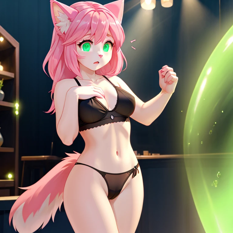 Short shocked Female cat with pink fur long Pink hairs and glowing Green eyes wearing Black bra and panties looking at her hand while other hand is on her breast