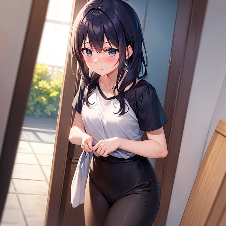 (8k、Best image quality、Highest quality、masterpiece)、Detailed face、One Girl、Black Hair、Bright Blue Eyes、Wicked Smile、((steam, sweat, Grin))、Small breasts、((White oversized thigh-hiding shirt、No underwear))、Cowboy Shot、entrance、Open the door、(A big, muscular black man hugging her from behind:1.3)