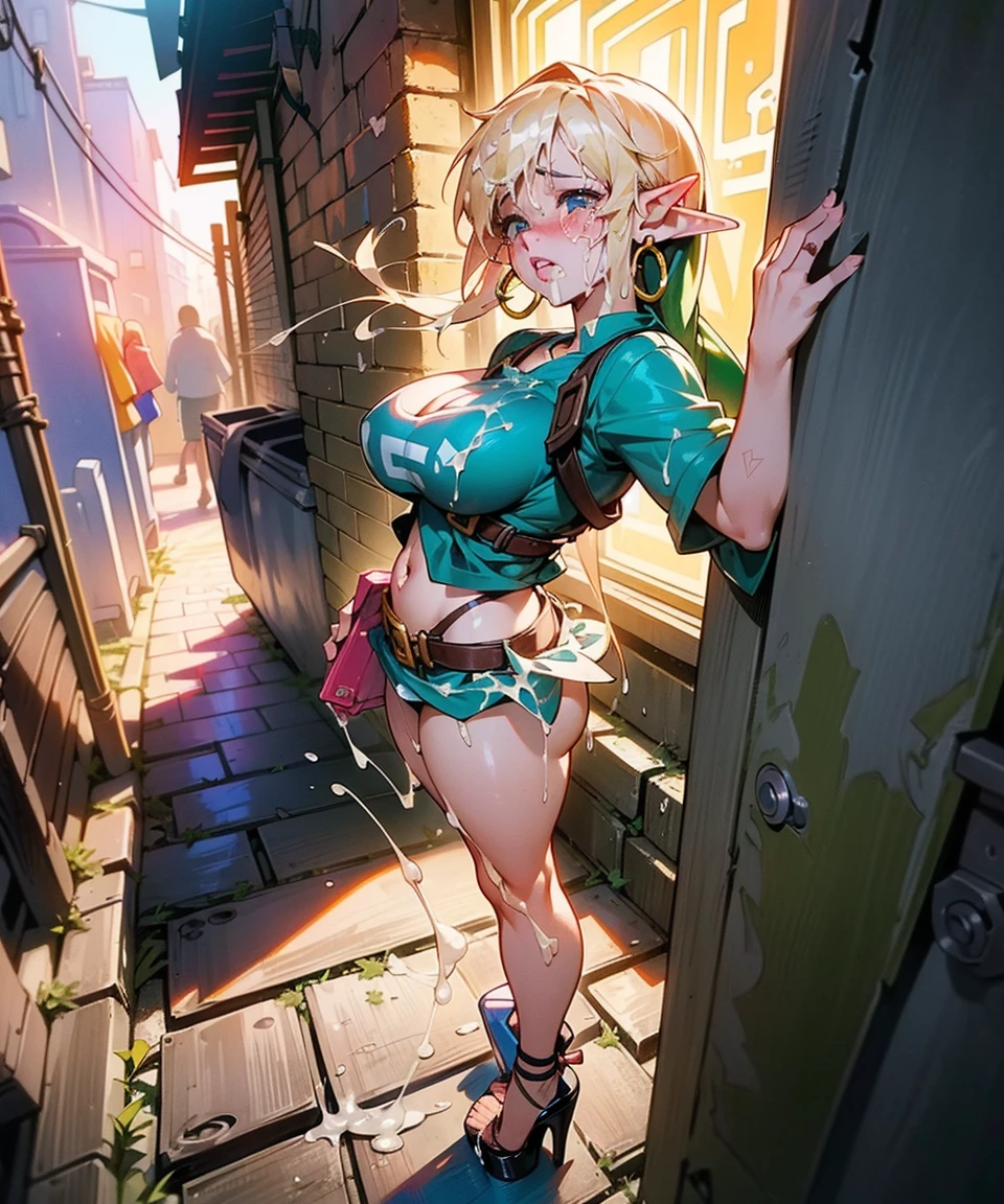  (link:1.5), legend of zelda, GS-Womanly, full body 1girl, (((bimbo))),(hoop earrings, puffy lips, painted lips, thick lips.:1.2) ((platform heels)) blonde hair, thick thighs, bursting breasts, (full skirt),navel, tube top, o-ring top, high resolution,(masterpiece), (photo realistic1.4), ultra high res, best quality, 8k,nsfw,detailed background,(at night,outdoors,narrow alley,back alley of slum:1.6),outdoor unit,pipe,trash,(trash box:1.3),wall, solo_focus,front view,character focus,looking at viewer, (gigantic breasts:1.3),(crying,tears:1.5),thighs, (cumdrip:1.5), (cum string:1.5), (excessive cum:1.5),cum overflow, creampie, cum in pussy, (dirty floor,messy floor:1.3), gabage:1.3, cum on body, (cum on clothes:1.5)