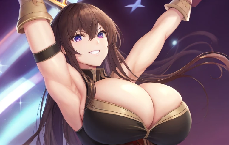 thick thighs, arms up, armpits , muscular, perfect face, high quality, evil smile, huge breasts, fighting pose , sword