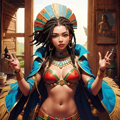 guerreira Africana, rasta comprida, rosto lindo, mamas grandes, armadura, corpo inteiro, corpo perfeito