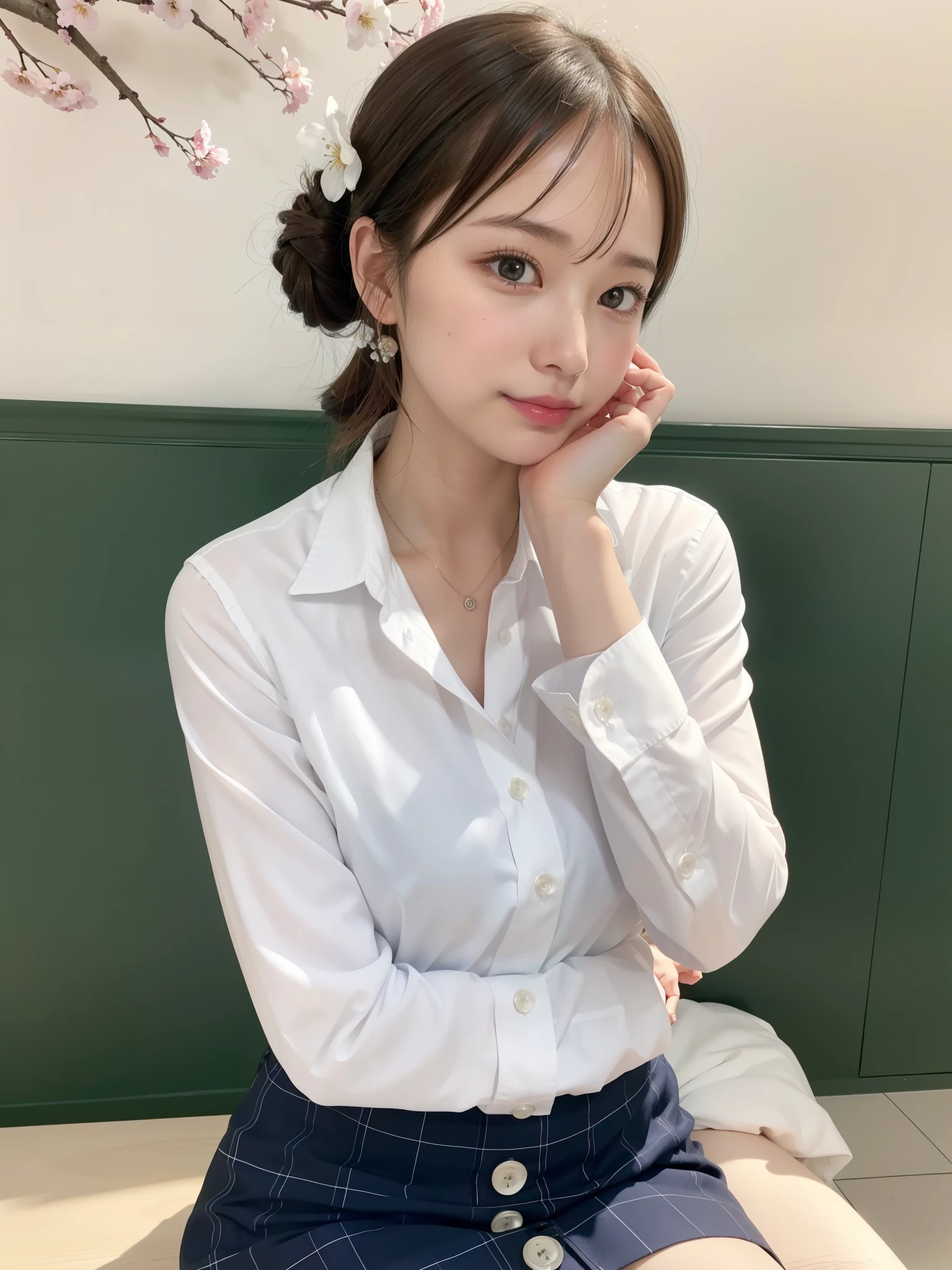 (button down shirt, skirt: 1.2), ((of the highest quality, 8K, masutepiece: 1.3, Raw photo)), Sharp Focus: 1.2, (1 AESPA Girl :1.1), (Solo: 1.1), (Realistic, Photorealistic: 1.37), (Face Focus: 1.1), Cute face, hyperdetailed face, Short messy hair, updo, Small breasts, flat chest, (Sitting with one knee up: 1.2), classroom, flower, plum blossoms