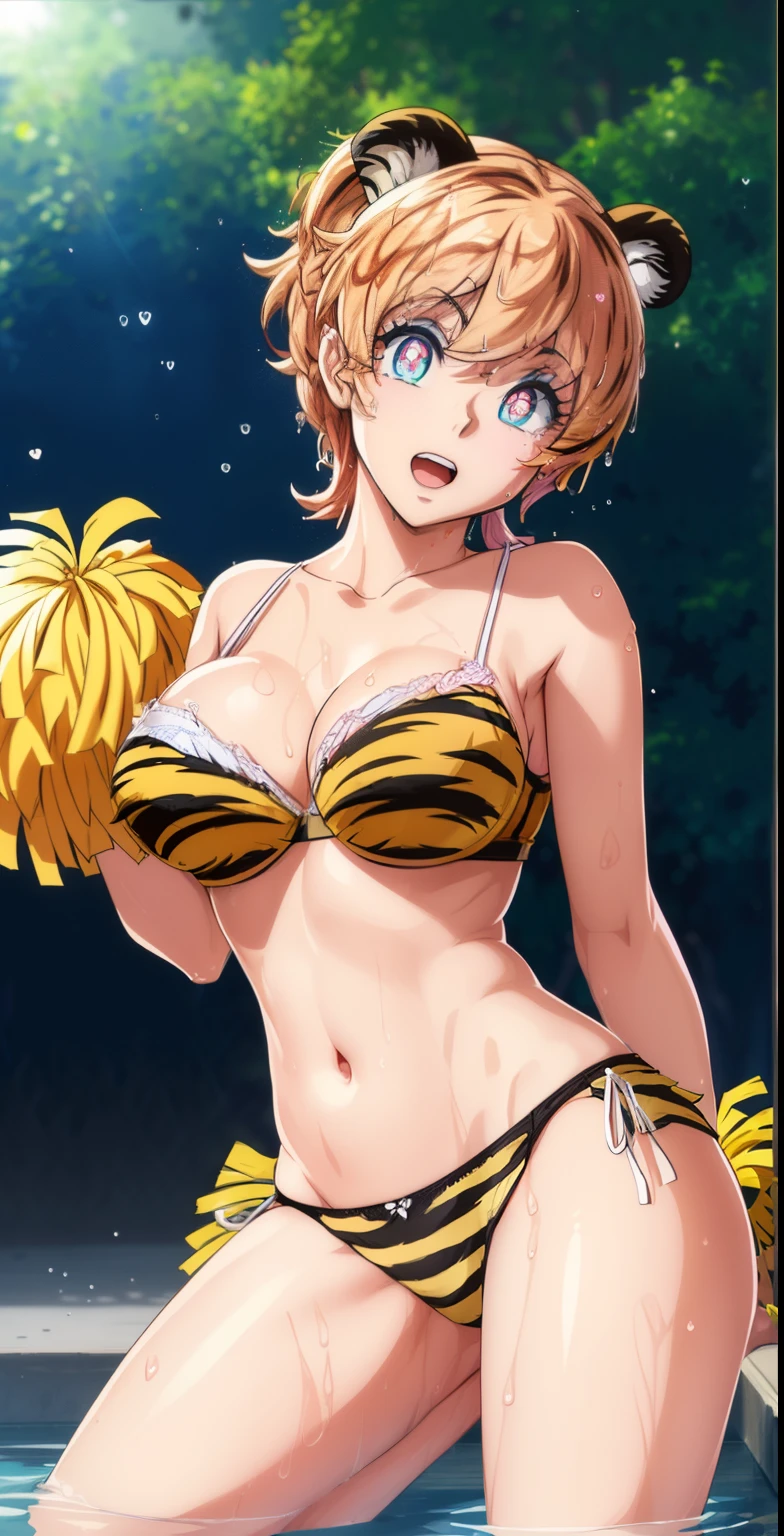 ram invader, detailed breasts, anime dick, (tiger print cheerleader: 1.2), （white panties:1.4）,muste piece, best quality, open mouth, tooth, ultra-detailed breasts, Yellow eyes, cute eyes, detailed face, a cute girl, big chest, red face, (wet with water: 1.2), Generally poor breasts, areola slip, (Position where panties are visible:1.5), (beautiful breasts: 1.2), (with a bright light source: 1.2), (heart shaped pupils opening their clothes: 1.5)