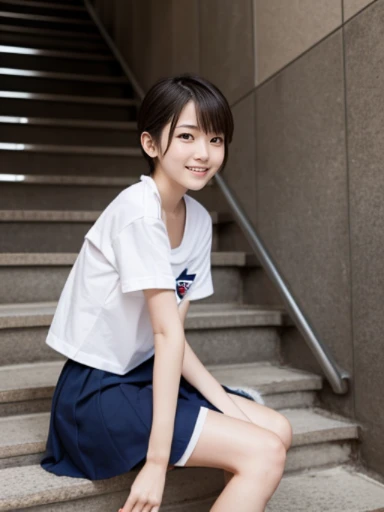 muste piece, Top quality, 8K, , japanese girl, slender, Raw photo, absurd, award-winning portraits, (detailed face, shy smile), solo, Transparent white T-shirt made of very thin material、 sailor uniform, short sleeve, idol face, super mini skirt, Black Knee High Socks, slim legs, shoes, whole body shot from the bottom of the stairs, whole body shot from a Low - Angle, detailed face), refreshing shy smile, slender girl, Golden short-cut hair, dark eyes, whole body, digital single lens reflex, look at the viewer, Frank, sophisticated, like々New, perfect whole body balance, (Low - Angle), professional lighting, (Eye and face details: 1.0), (It's blurry: 1.1)